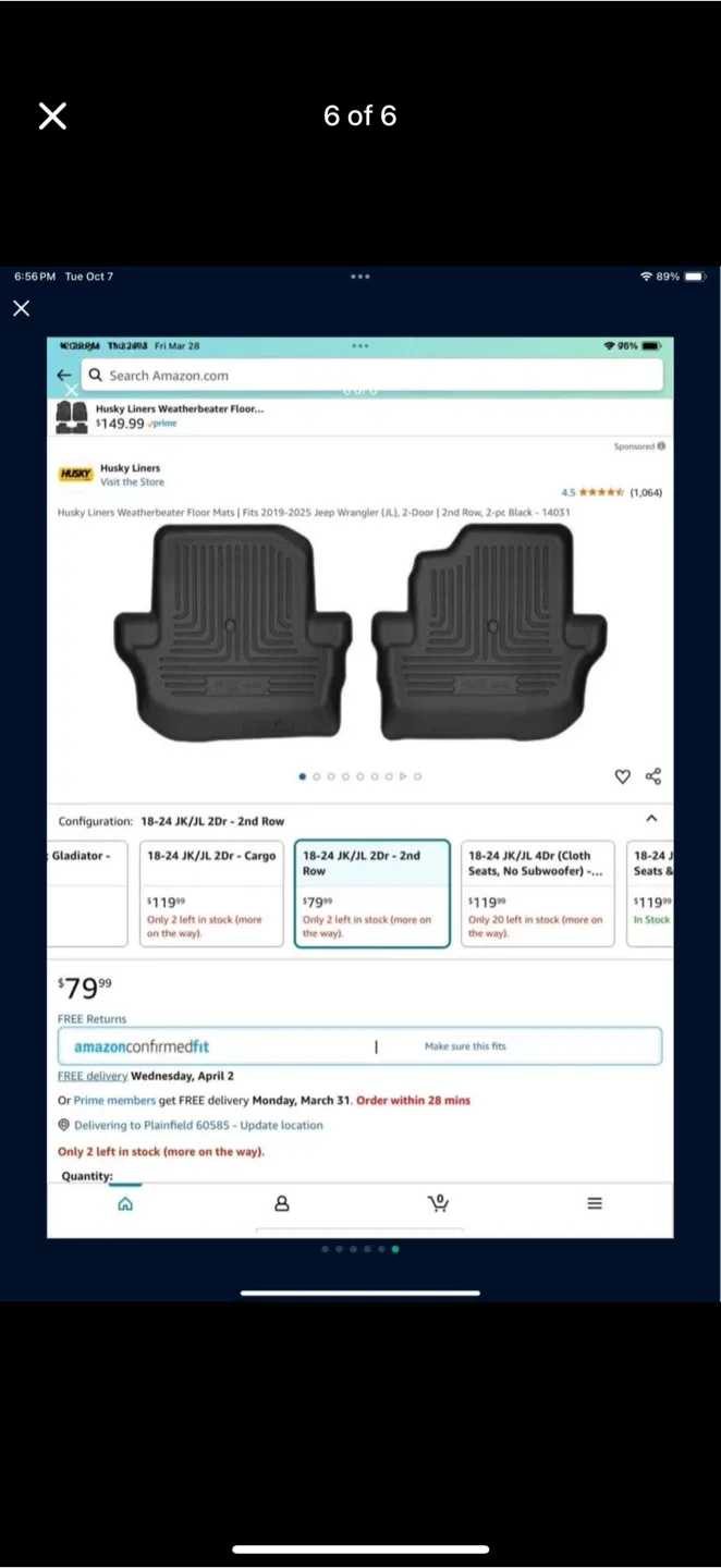Jeep Wrangler JL 19-25 2-Door 2nd Row Husky Floor Liners image indicator(6)