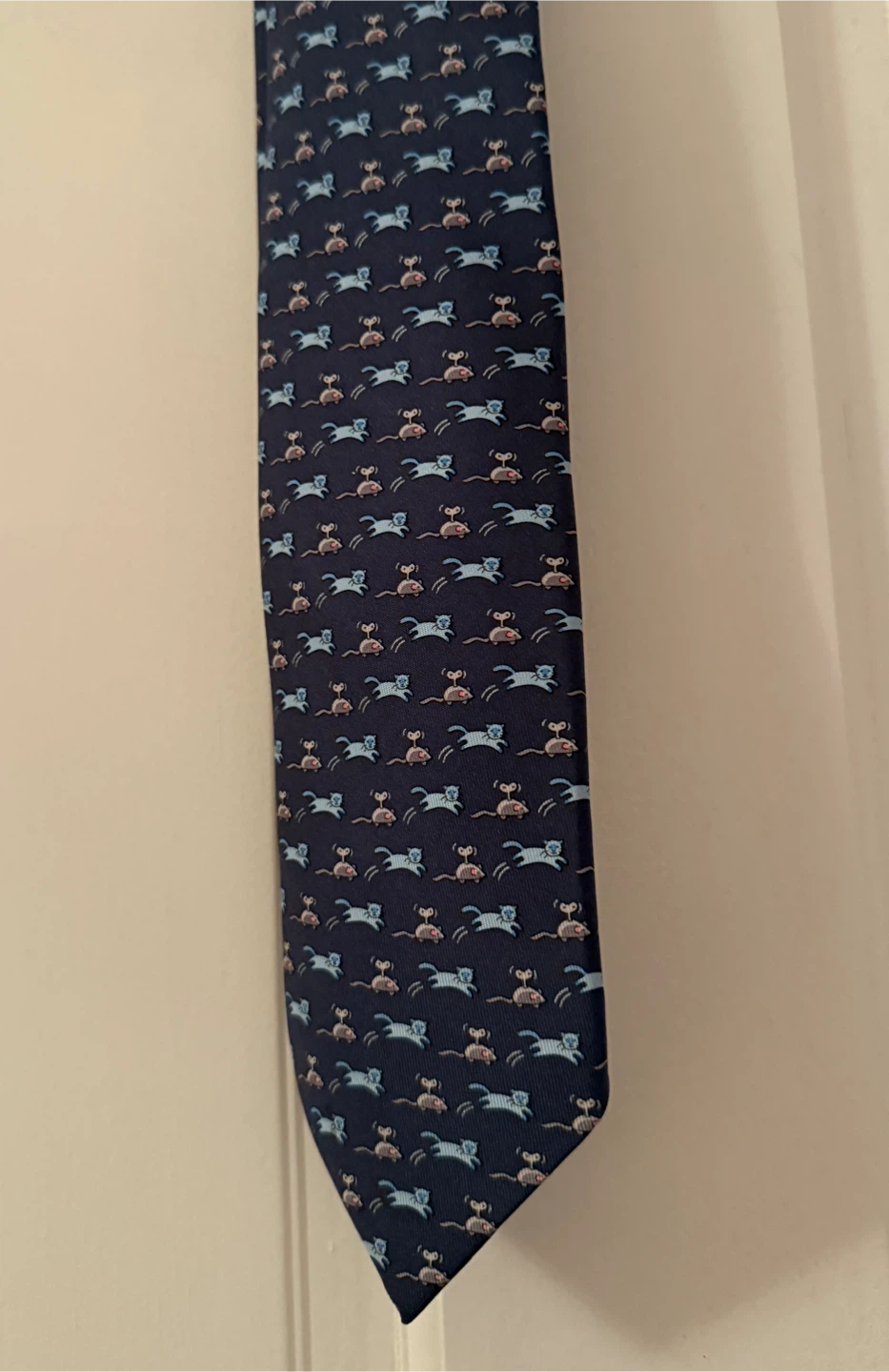 Hermès Paris Navy Blue Cat & Mouse Print Silk Tie