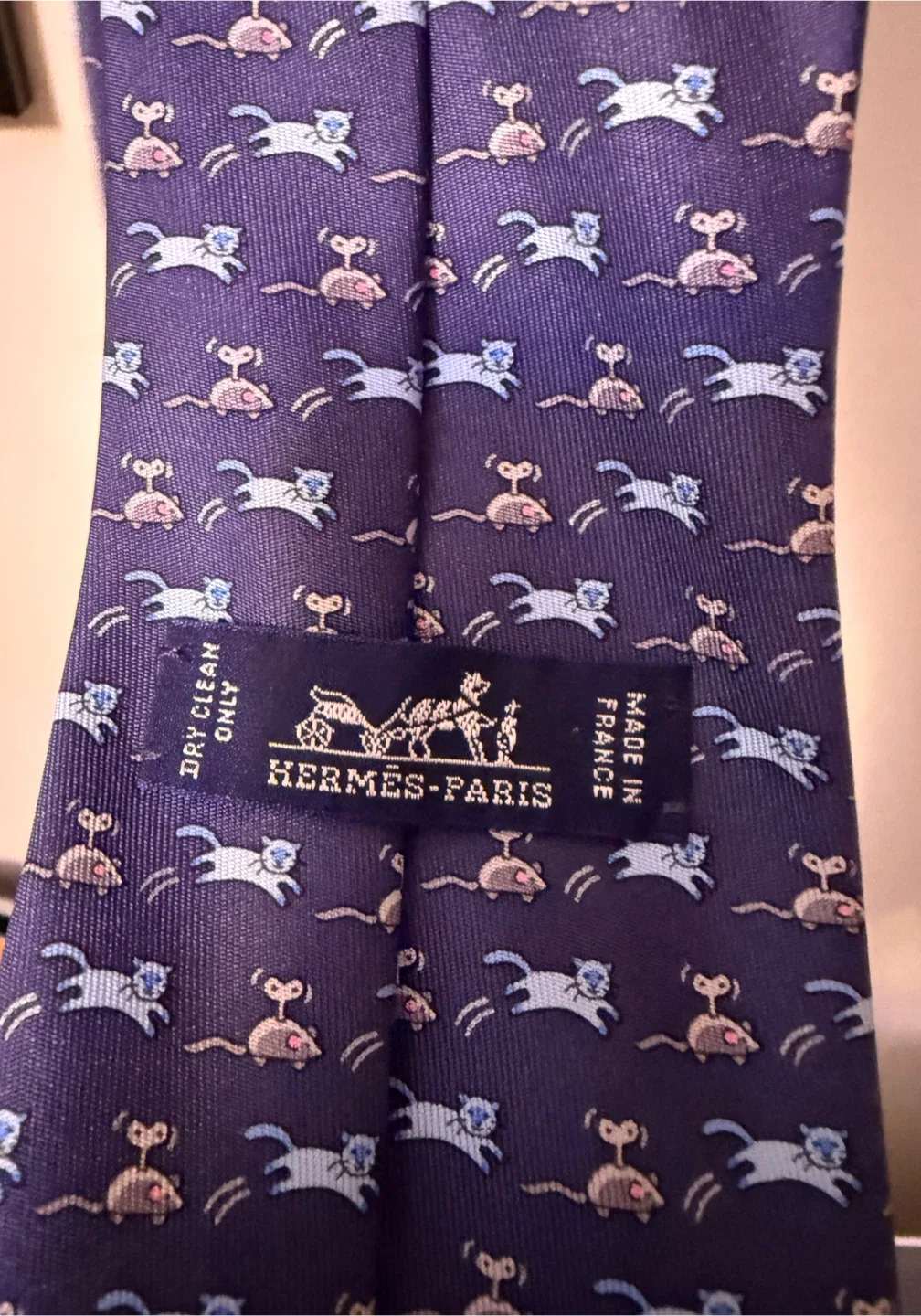 Hermès Paris Navy Blue Cat & Mouse Print Silk Tie image indicator(4)