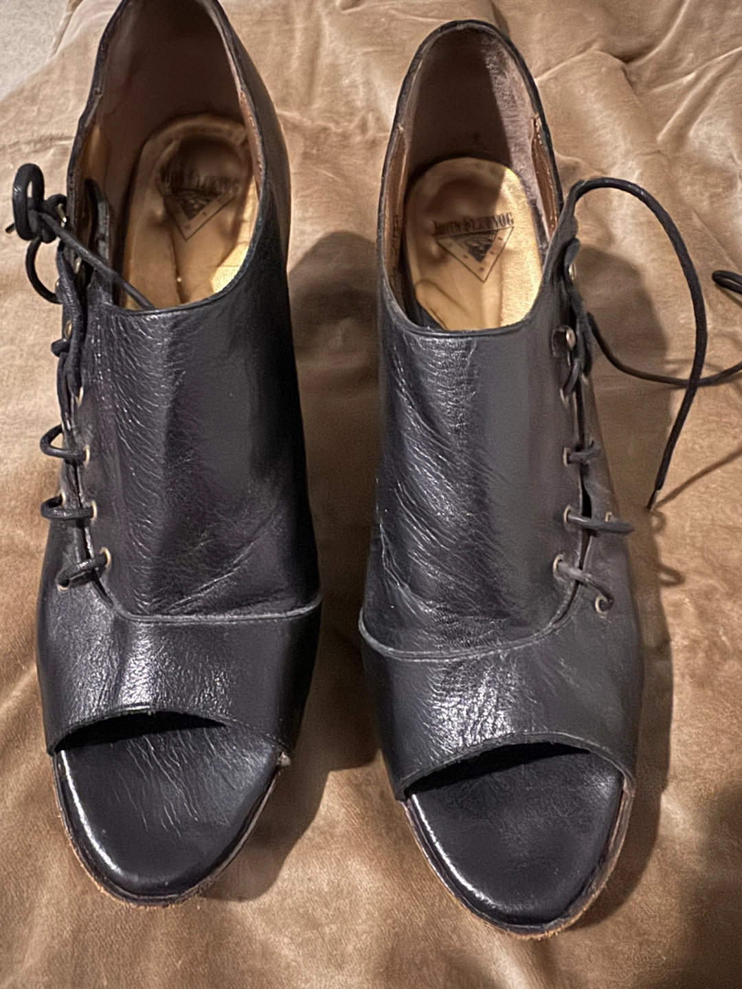 John Fluevog Black Leather Open Toe Heels