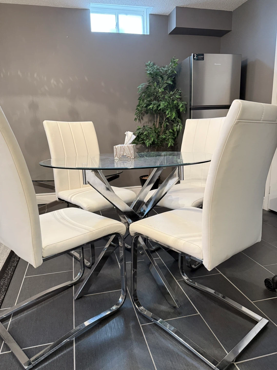 Glass Dining Table with 4 White Chairs