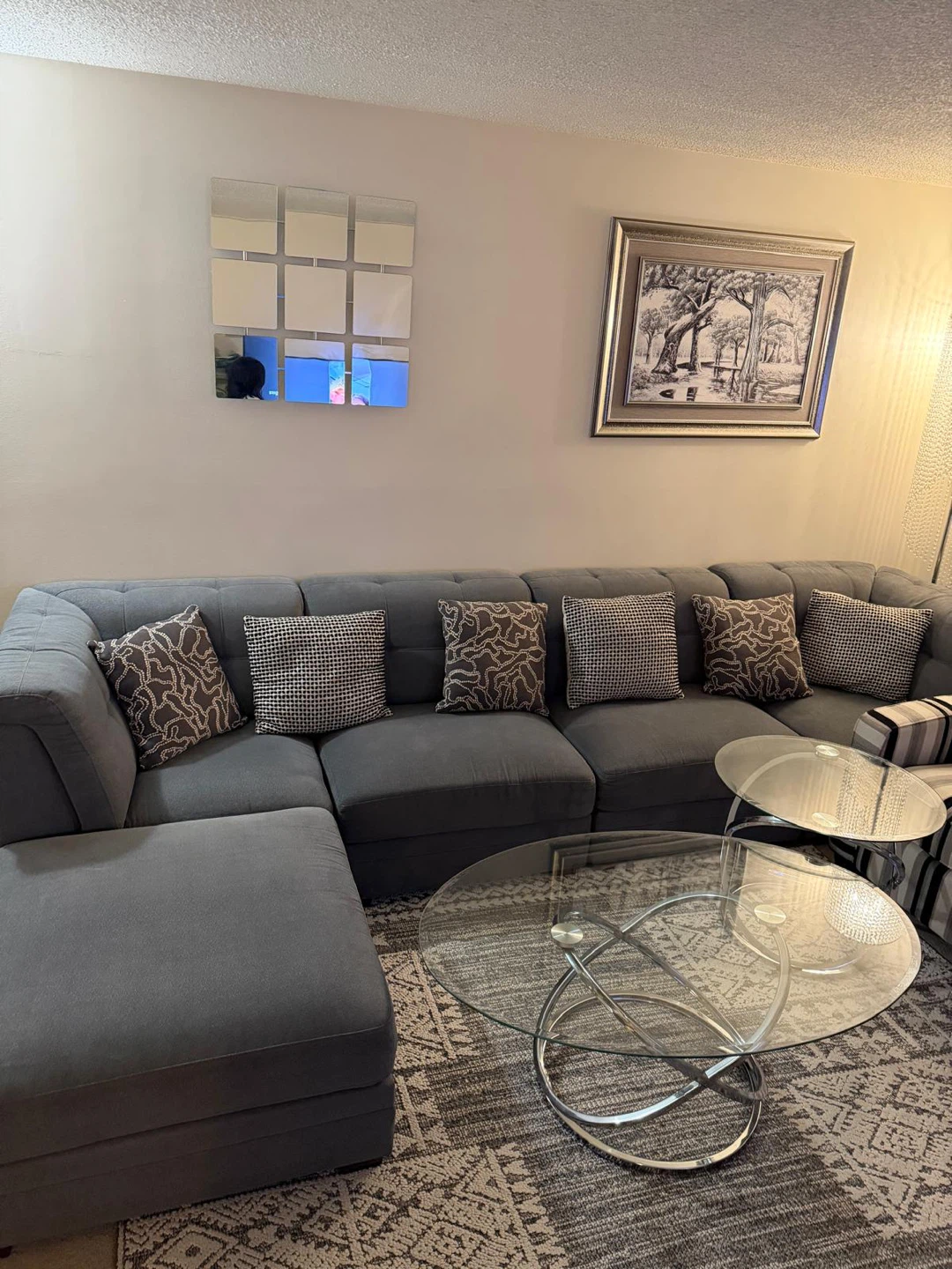 Grey Sectional Sofa with glass tables