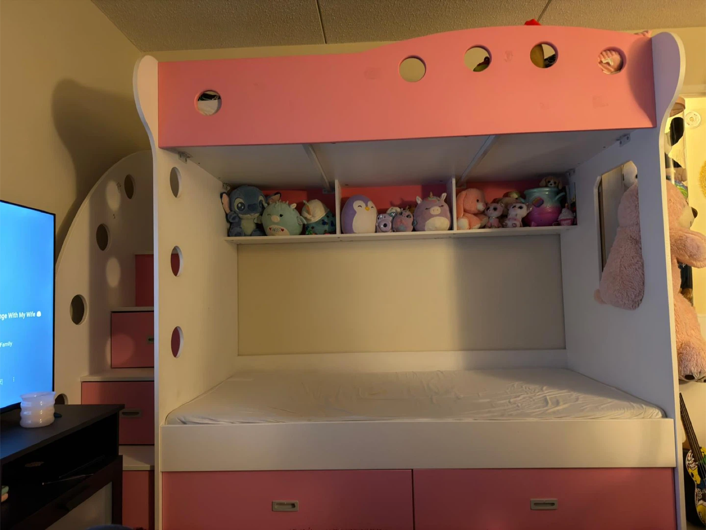Pink & White Bunk Bed with Storage
