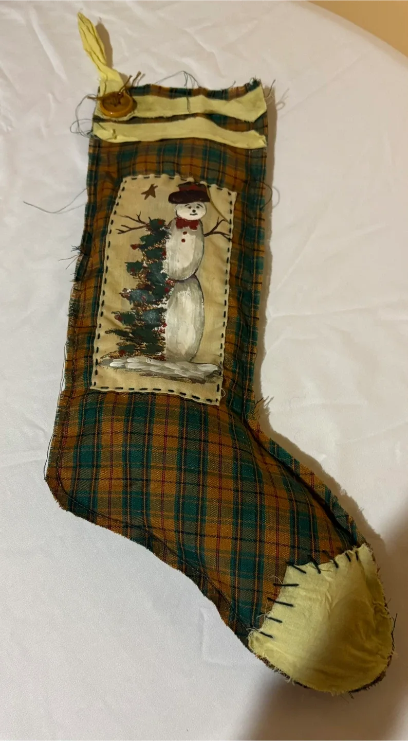 Handmade Plaid Christmas Stocking with Snowman image indicator(3)