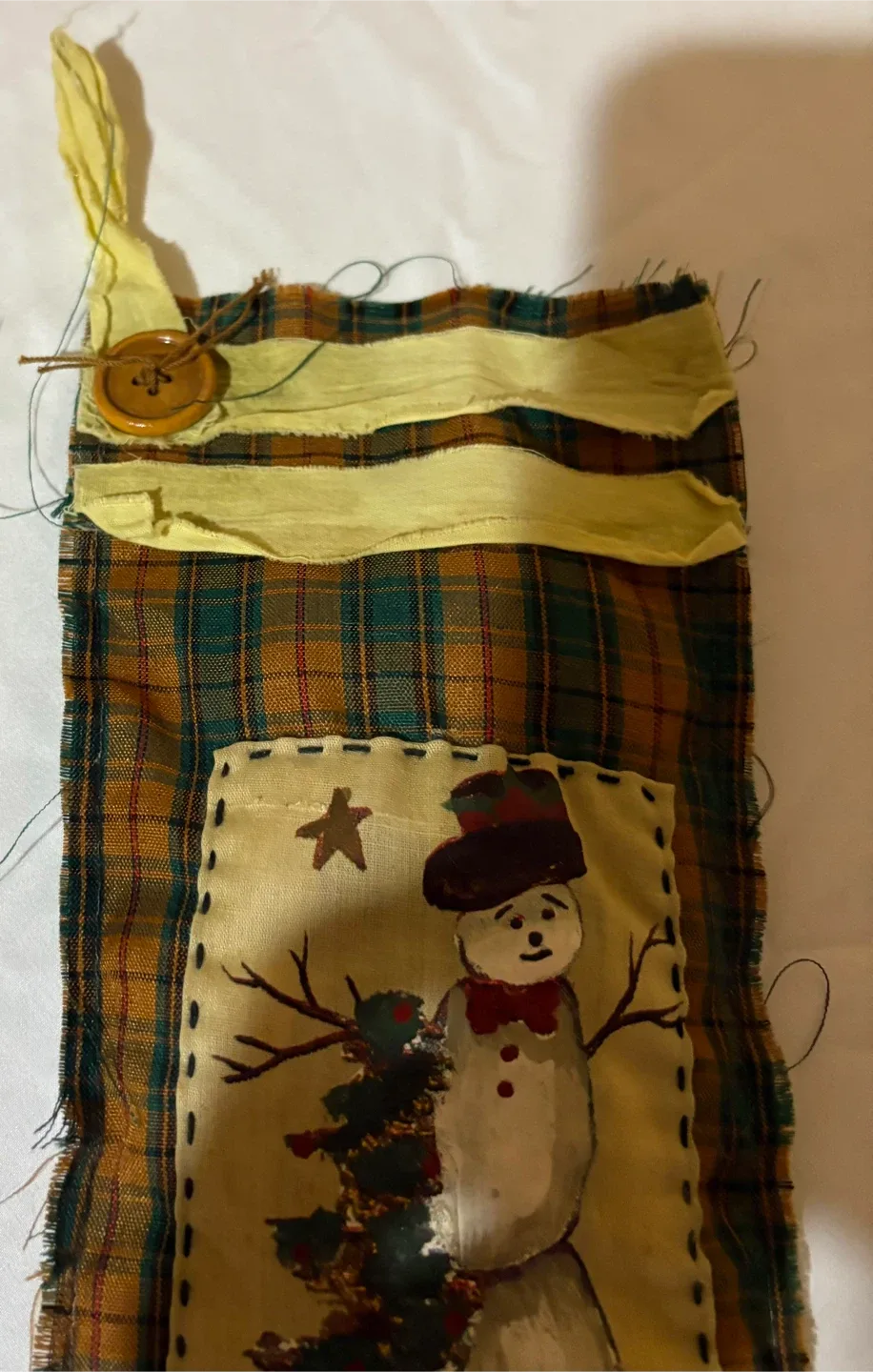 Handmade Plaid Christmas Stocking with Snowman image indicator(6)