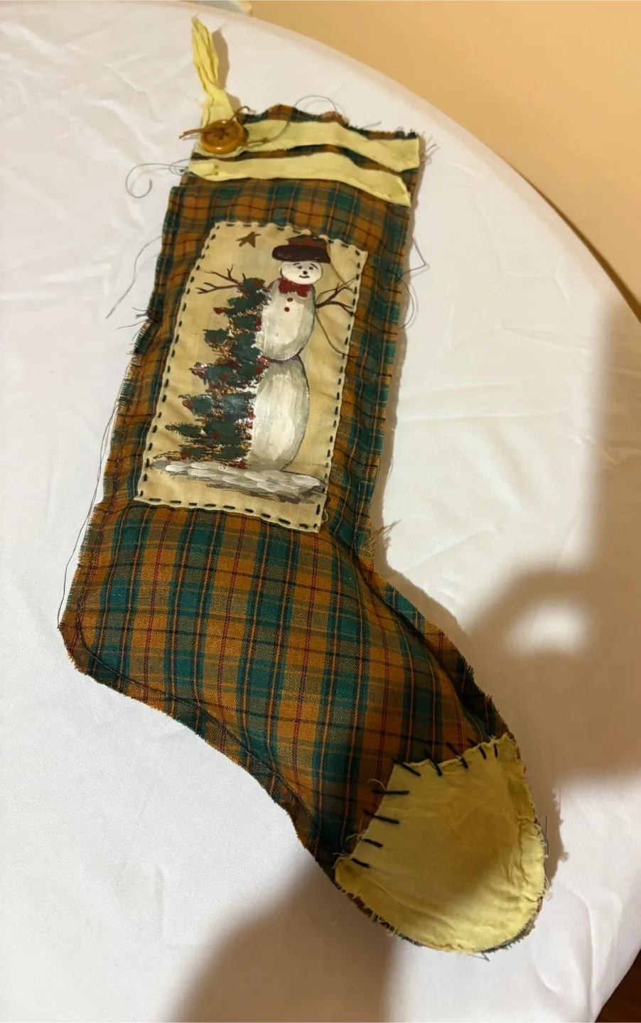 Handmade Plaid Christmas Stocking with Snowman image indicator(7)