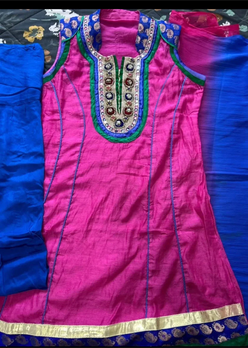 Pink & Blue Embellished Salwar Kameez suit with duptta image indicator(3)
