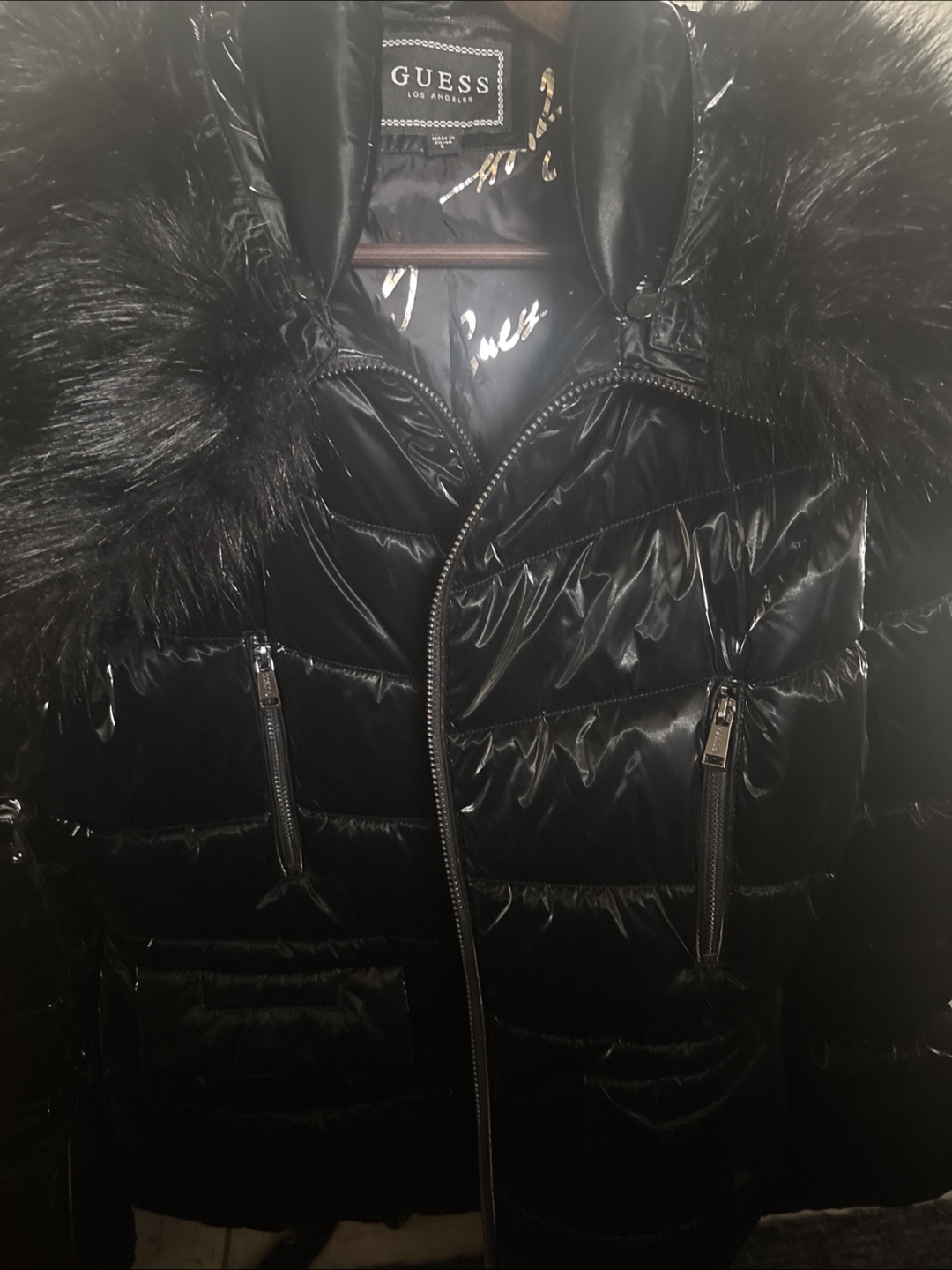 Guess Black Puffer Jacket with Faux Fur - Size L