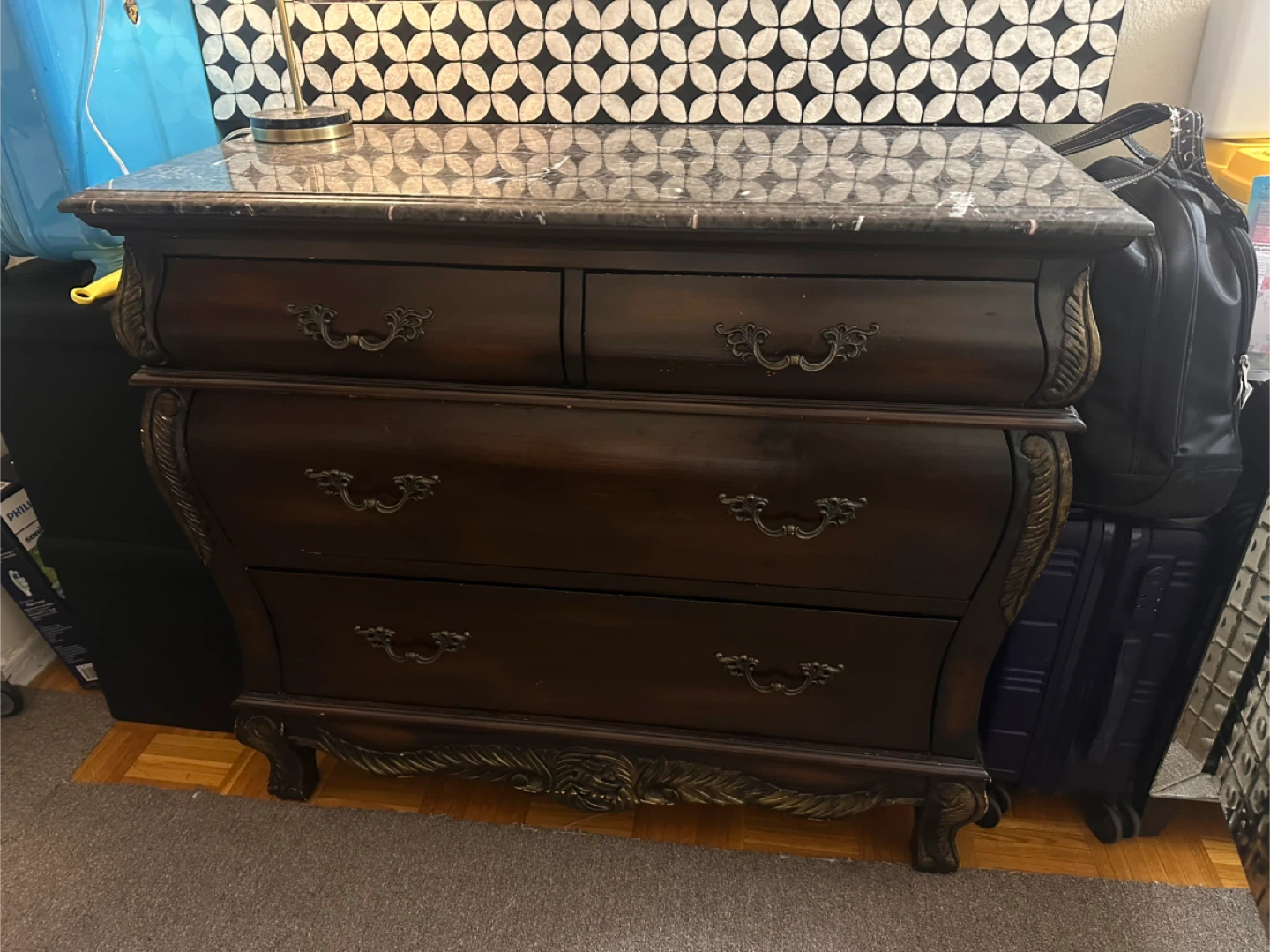 Dark Wood Dresser with Marble Top