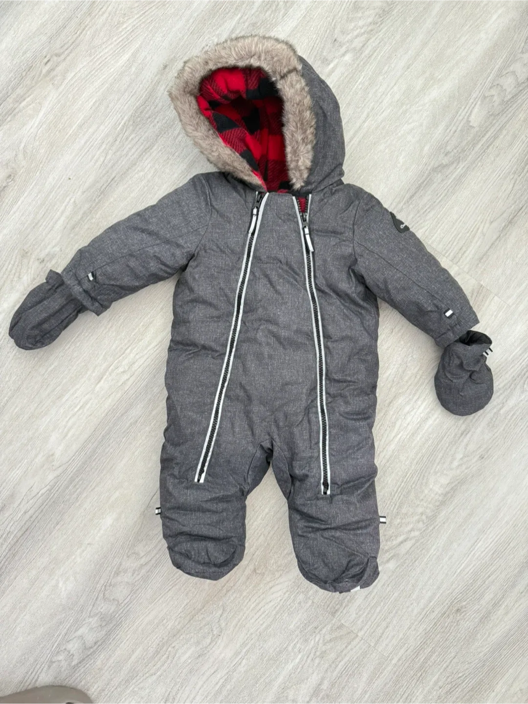 Canadiana Baby Snowsuit - Grey with Red Plaid
