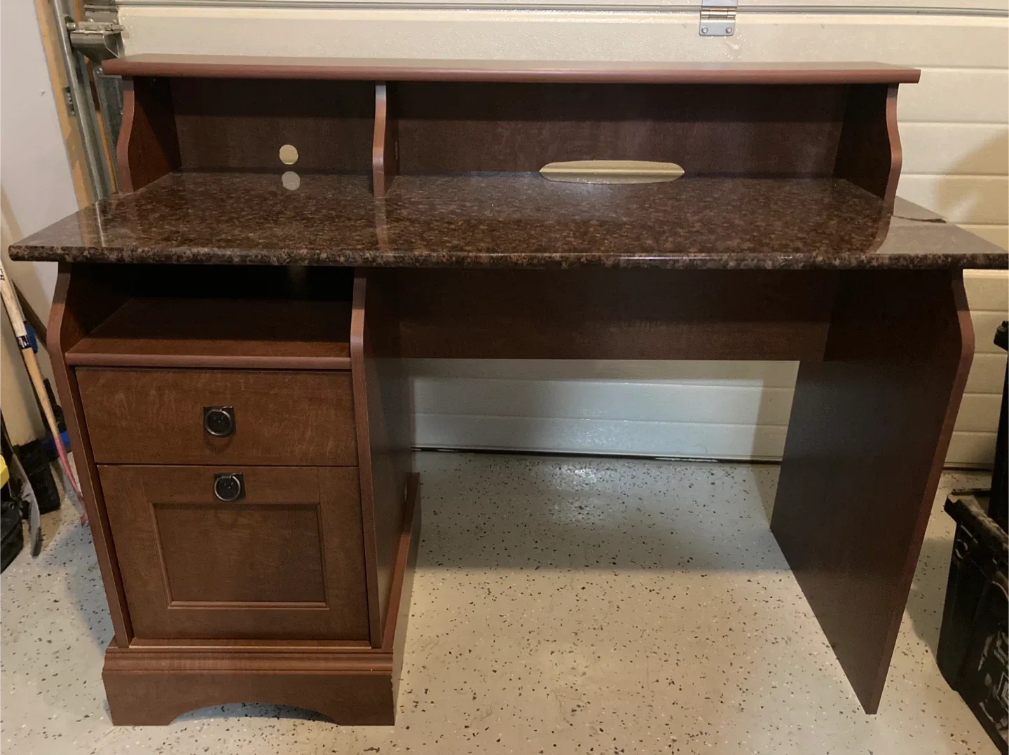 Brown Desk with Granite Top & Drawers