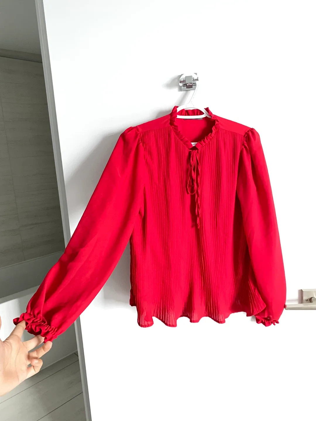 Elegant Strawberry Red Pleated Blouse image indicator(2)