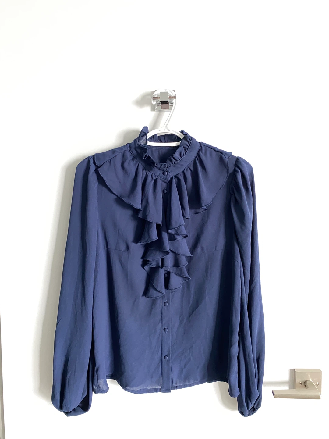 Elegant Navy Blue Ruffle Blouse