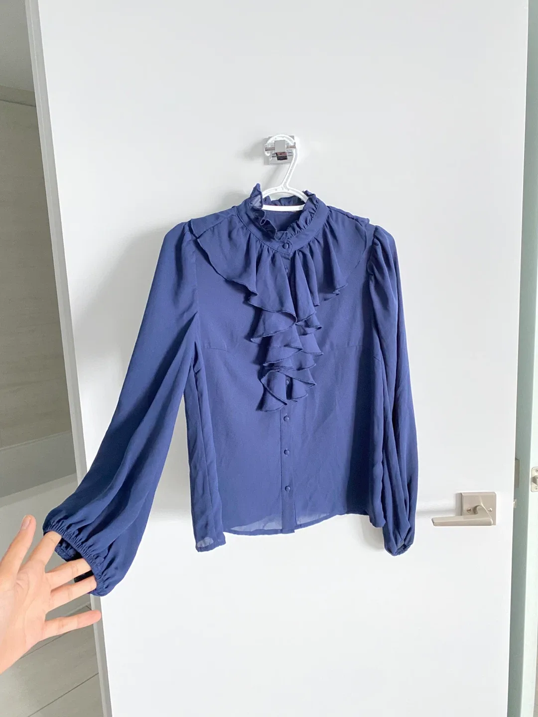 Elegant Navy Blue Ruffle Blouse image indicator(2)