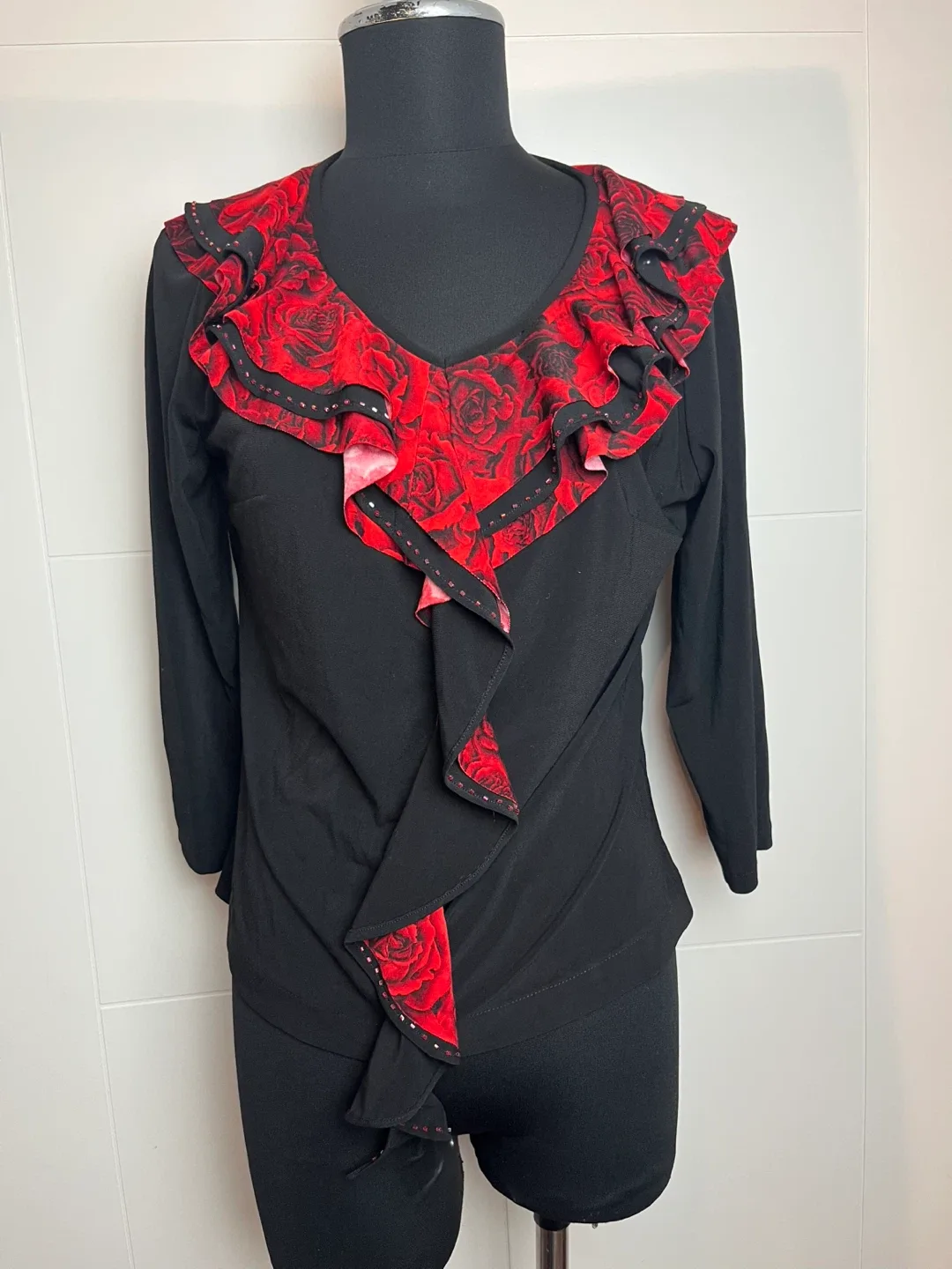 Black Long Sleeve Top with Red Floral Ruffles