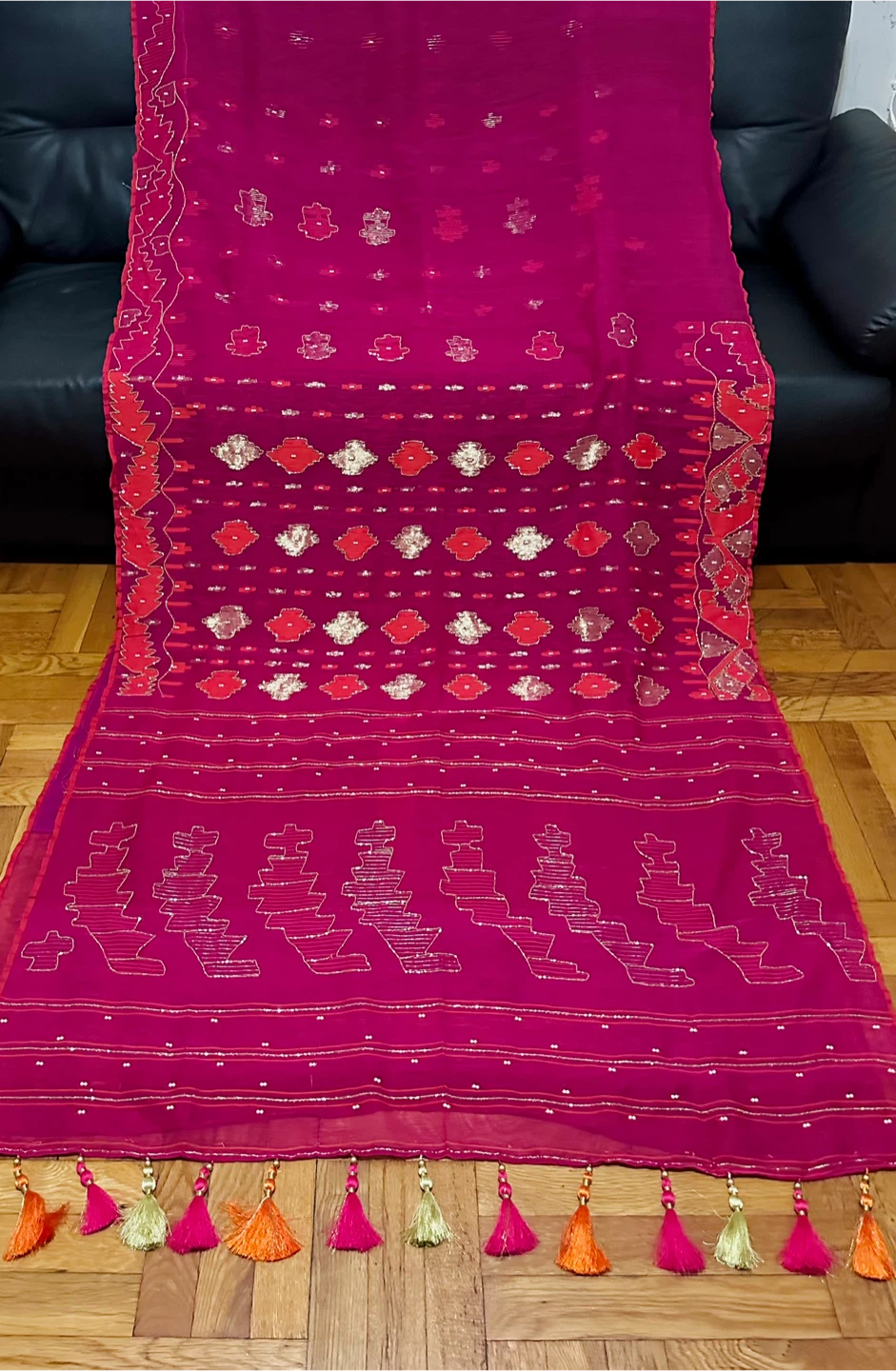 Pink jamdani karcupi Sari with Blouse Piece - photo 2
