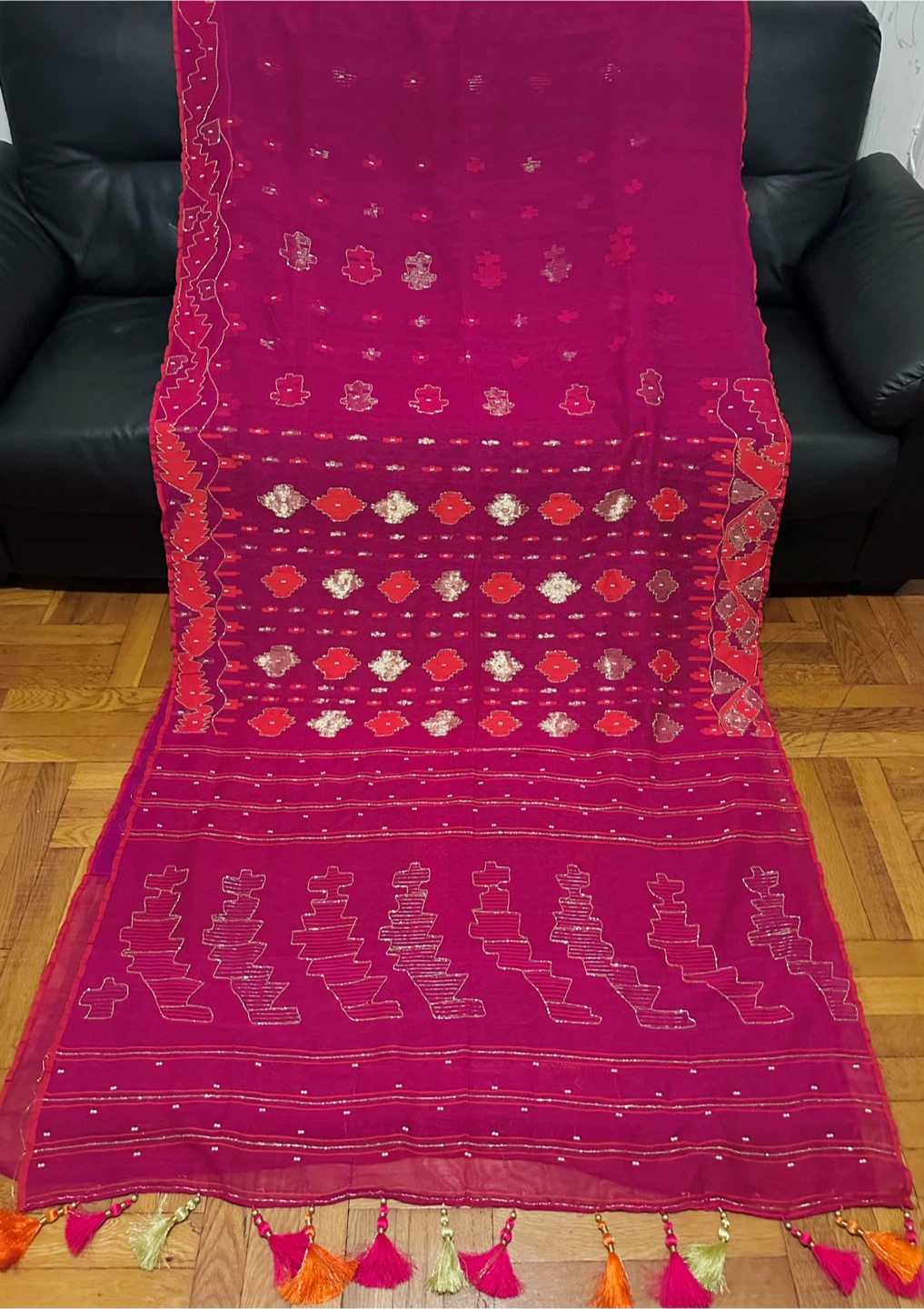 Pink jamdani karcupi Sari with Blouse Piece