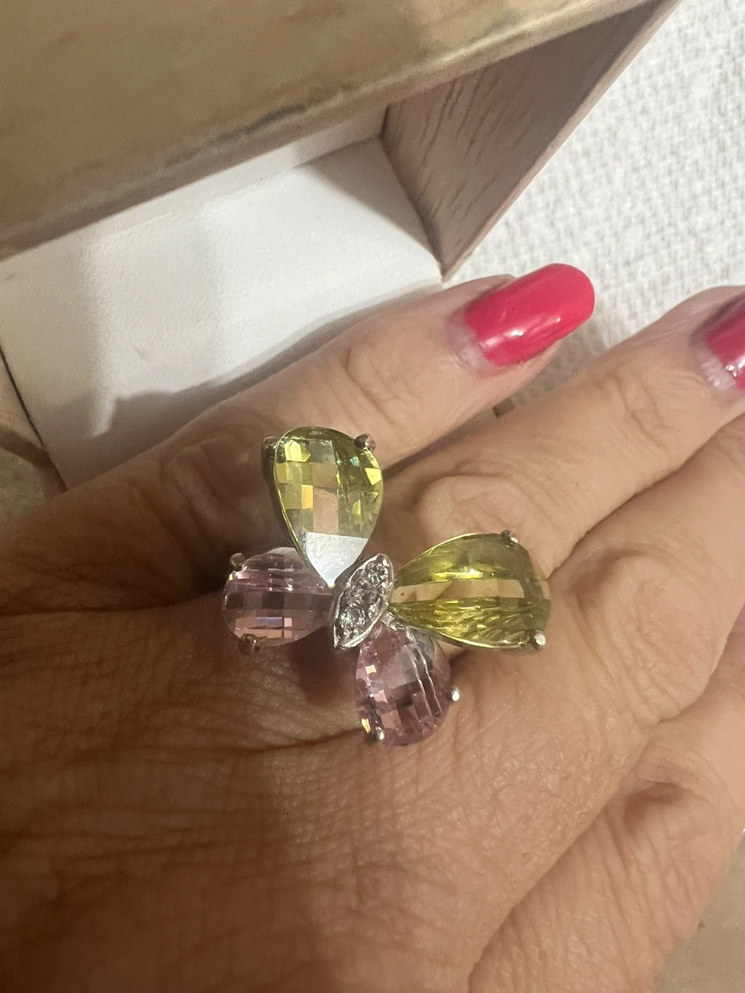 925 silver Butterfly Ring with Pink & Yellow Stones