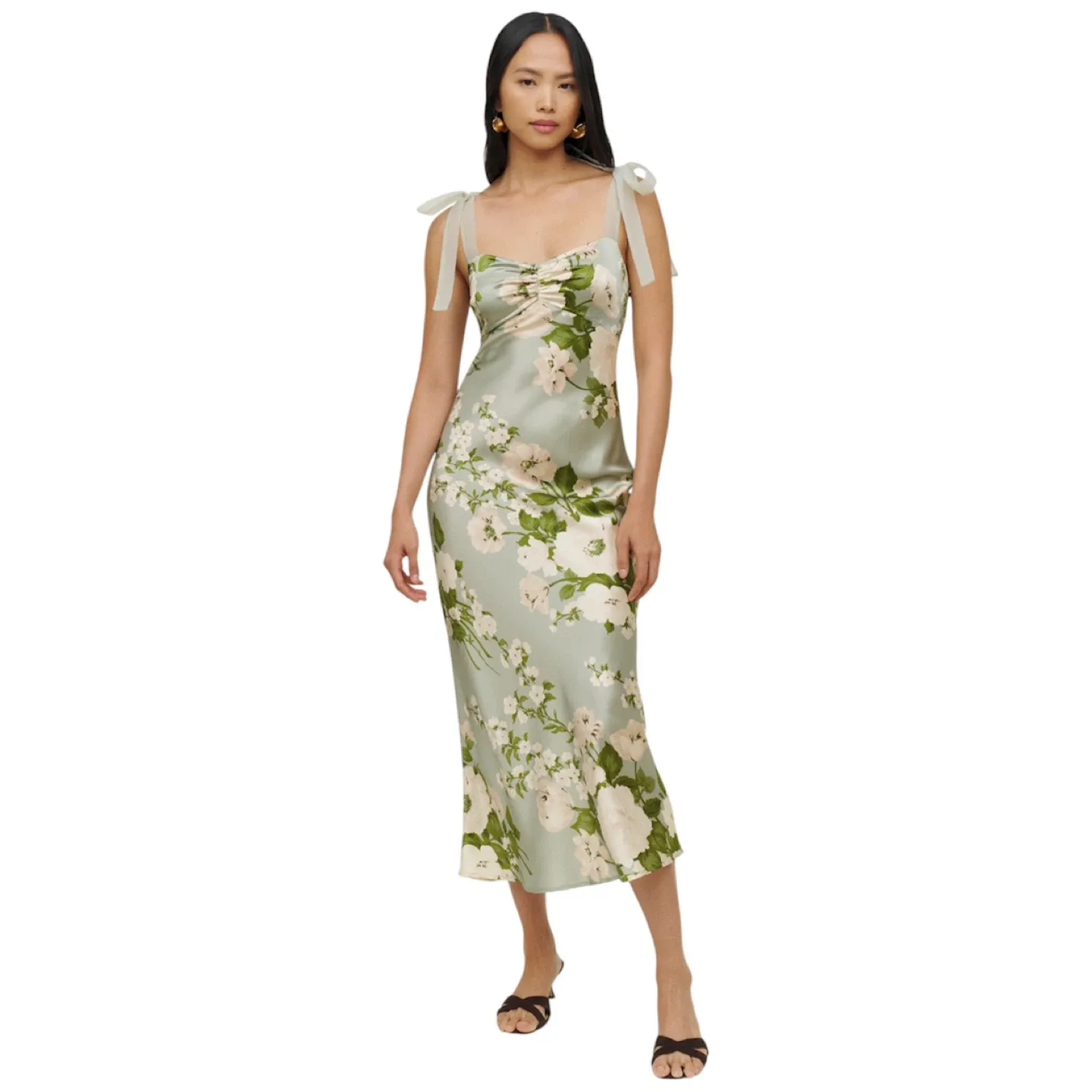 Reformation Alene Green Floral Silk Dress in Tarragon Size 6 thumbnail