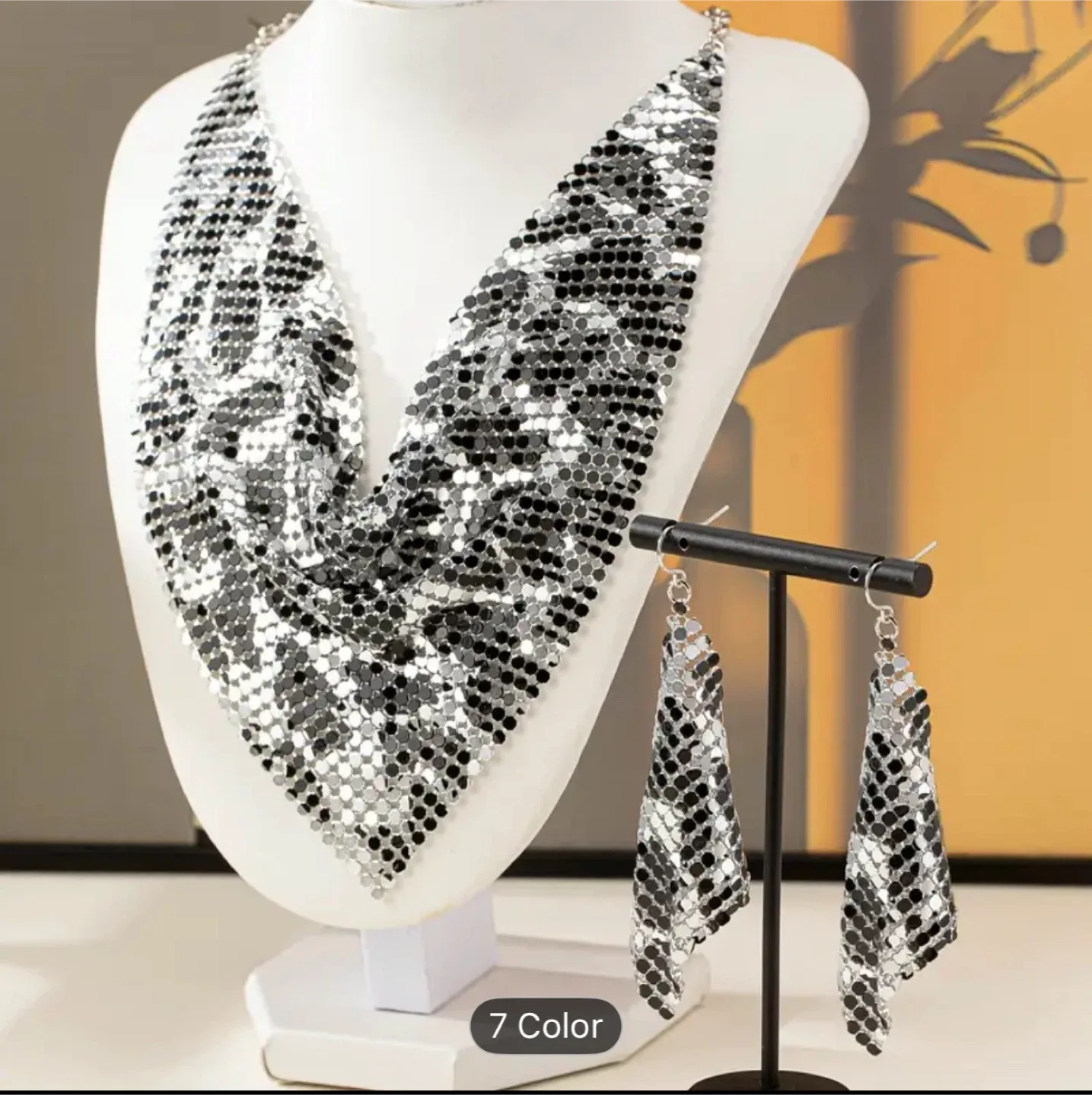 Silver & Black Statement Necklace & Earrings Set image indicator(2)