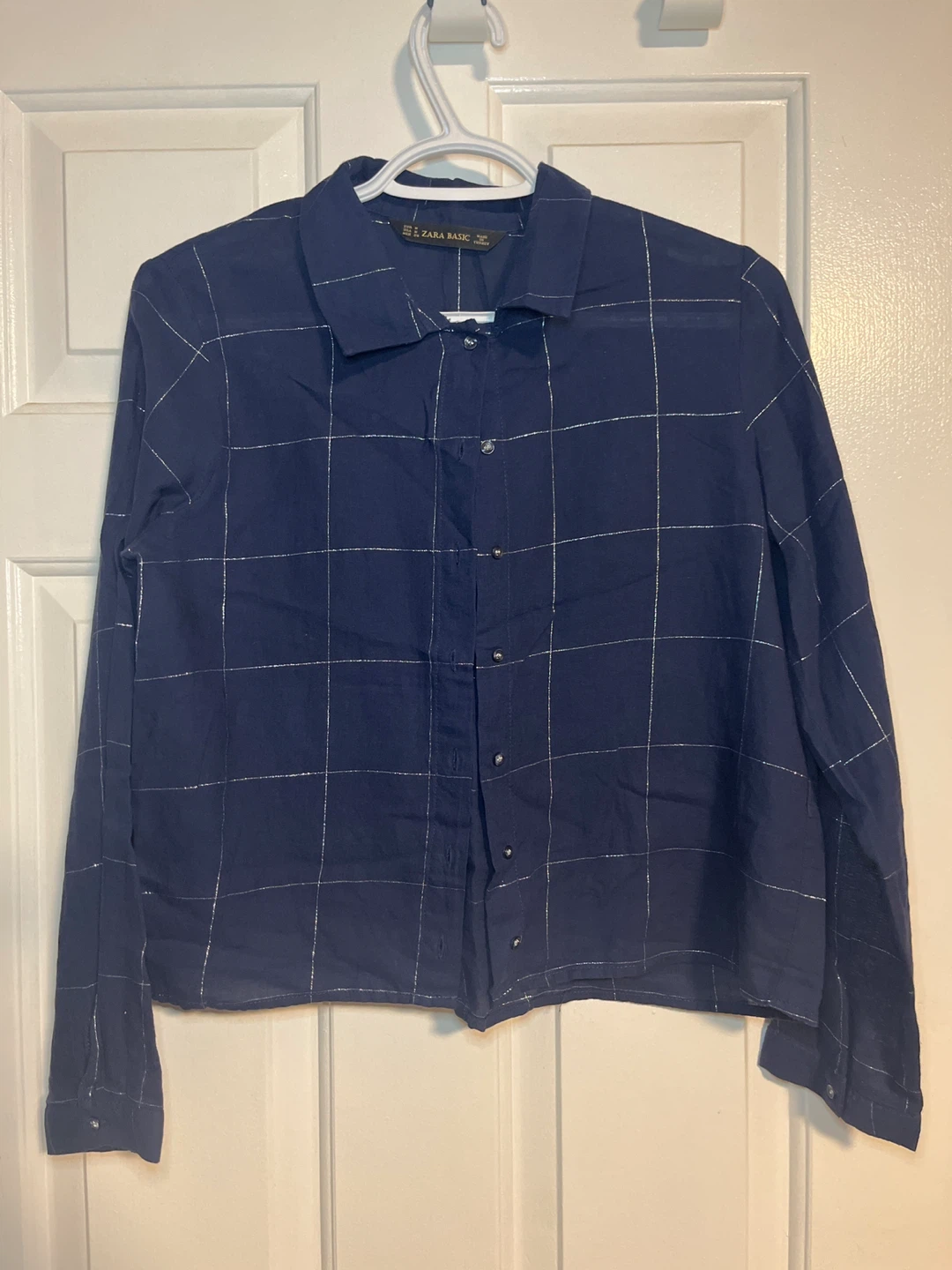 Zara Basic Blue Plaid Button-Up - Size M