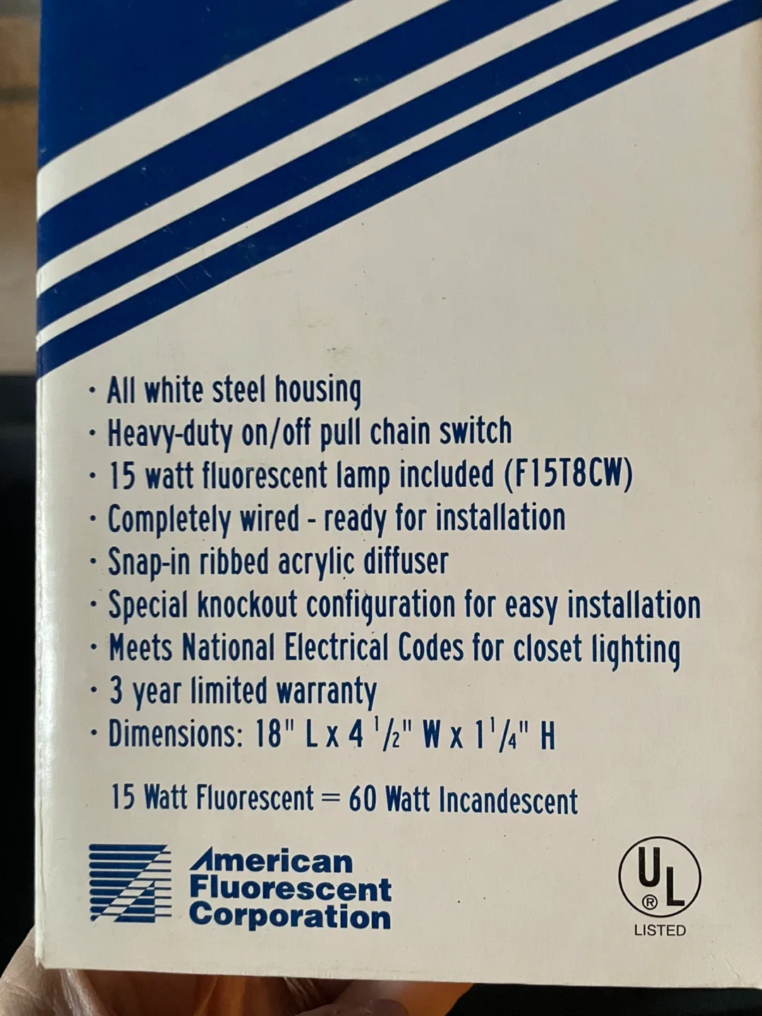American Fluorescent 18" Closet Light VTU115CL-CB image indicator(2)