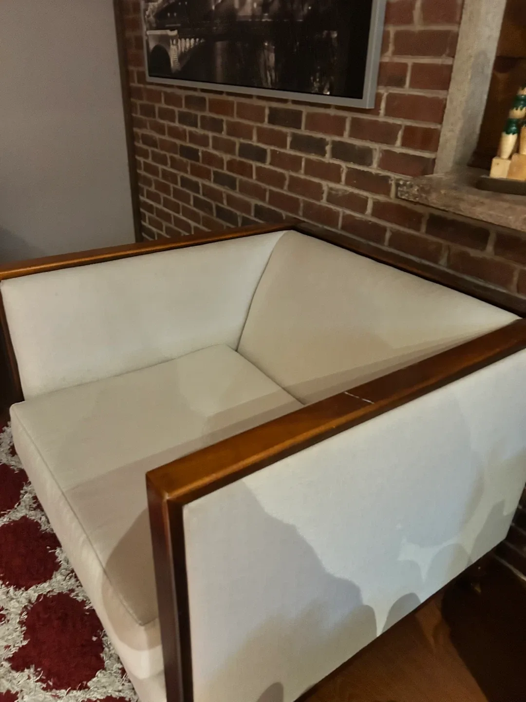 Beige Armchair with Wood Frame thumbnail