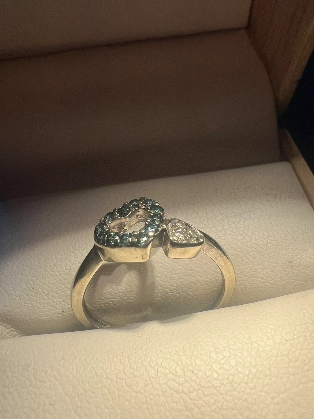 10K Gold Heart Ring with blue and white diamonds