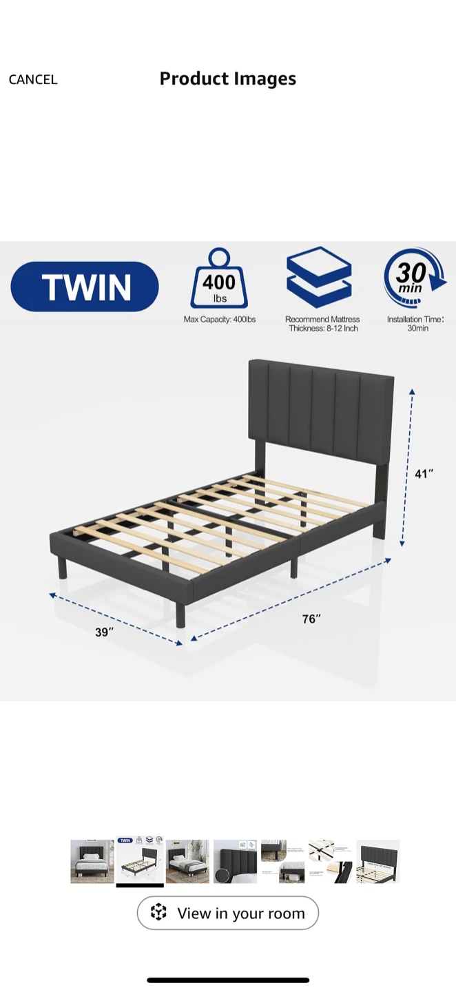 Twin Bed Frame with Headboard & Memory Foam Mattress - photo 4