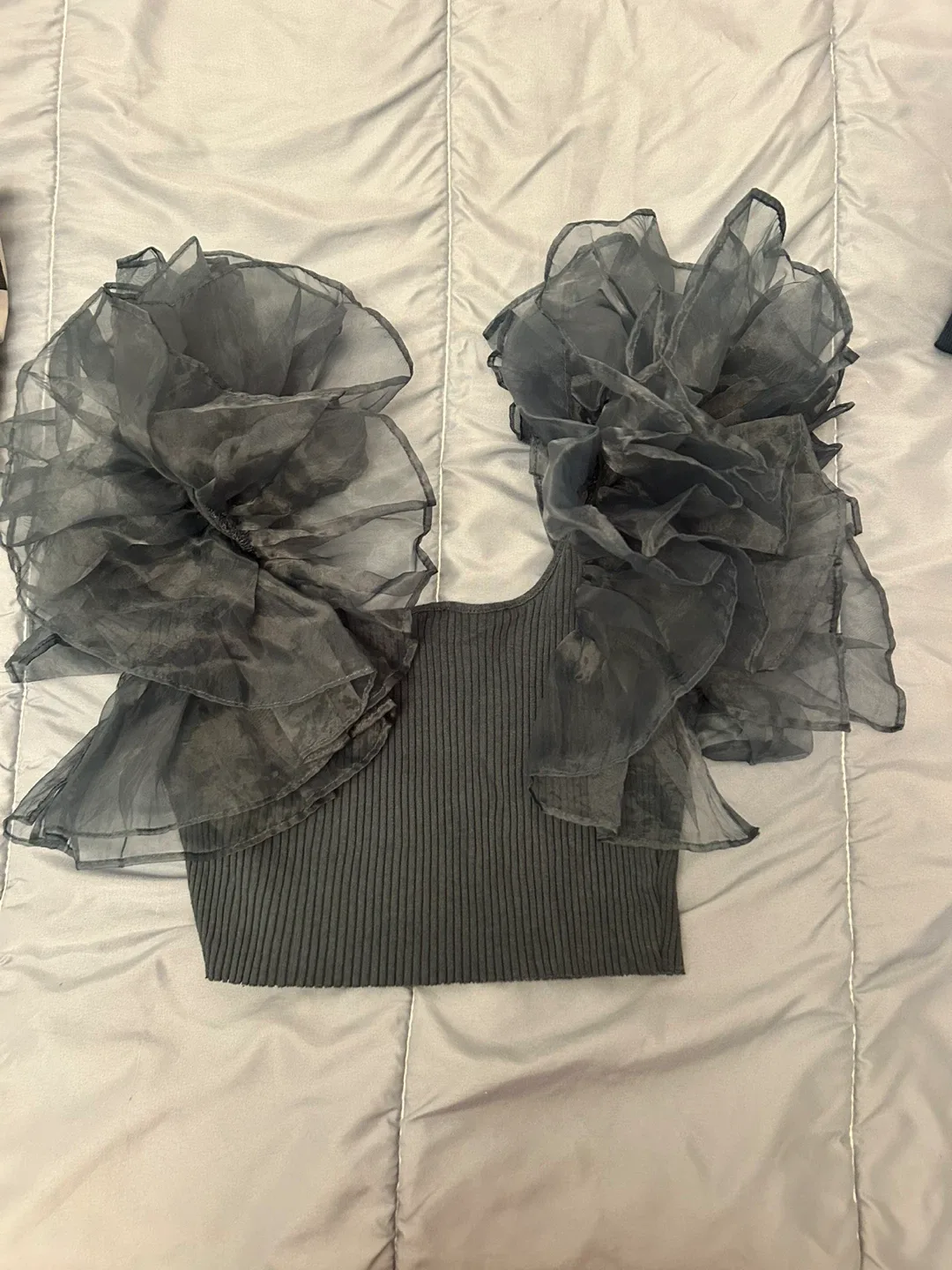 Zara Black Top with Ruffle Detail - Size L thumbnail