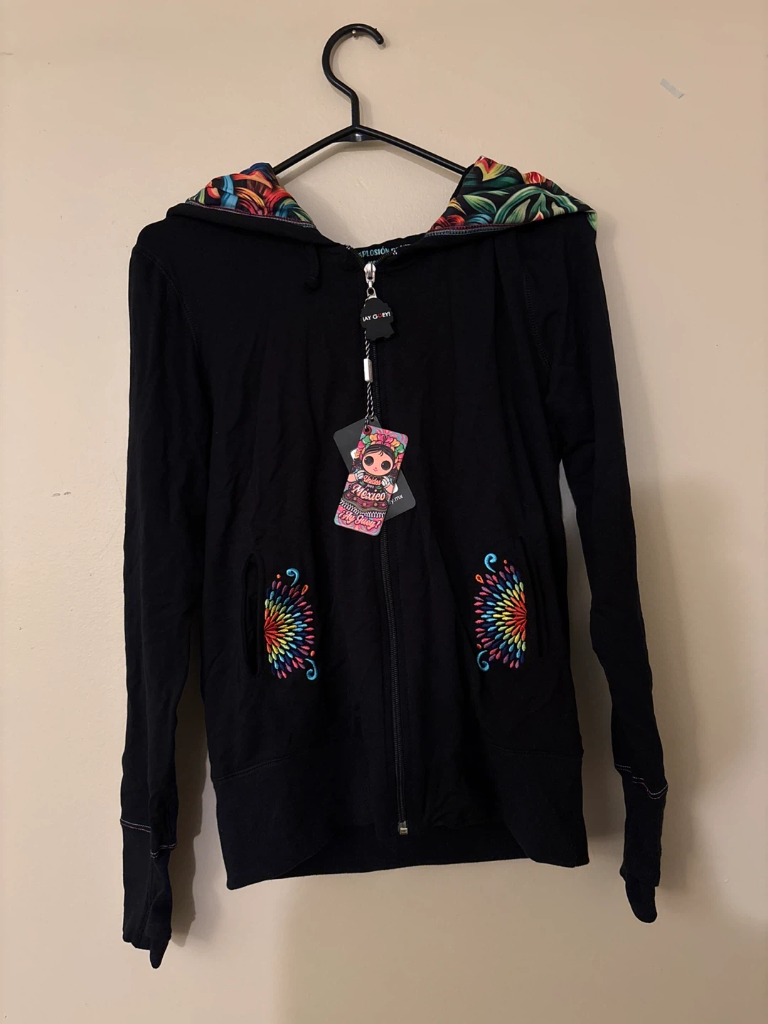 Mexican Design Black Zip-Up Hoodie, Artisan-Made - photo 2