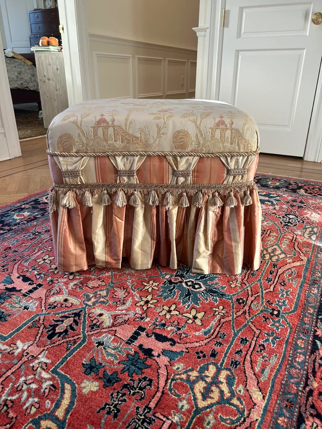 Antique Upholstered Tasseled Ottoman