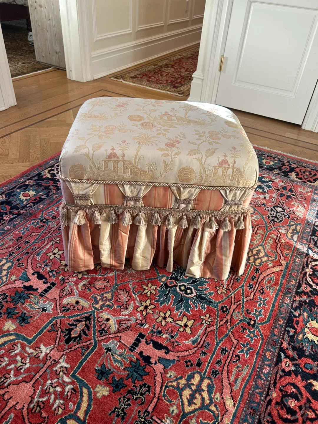 Antique Upholstered Tasseled Ottoman image indicator(2)