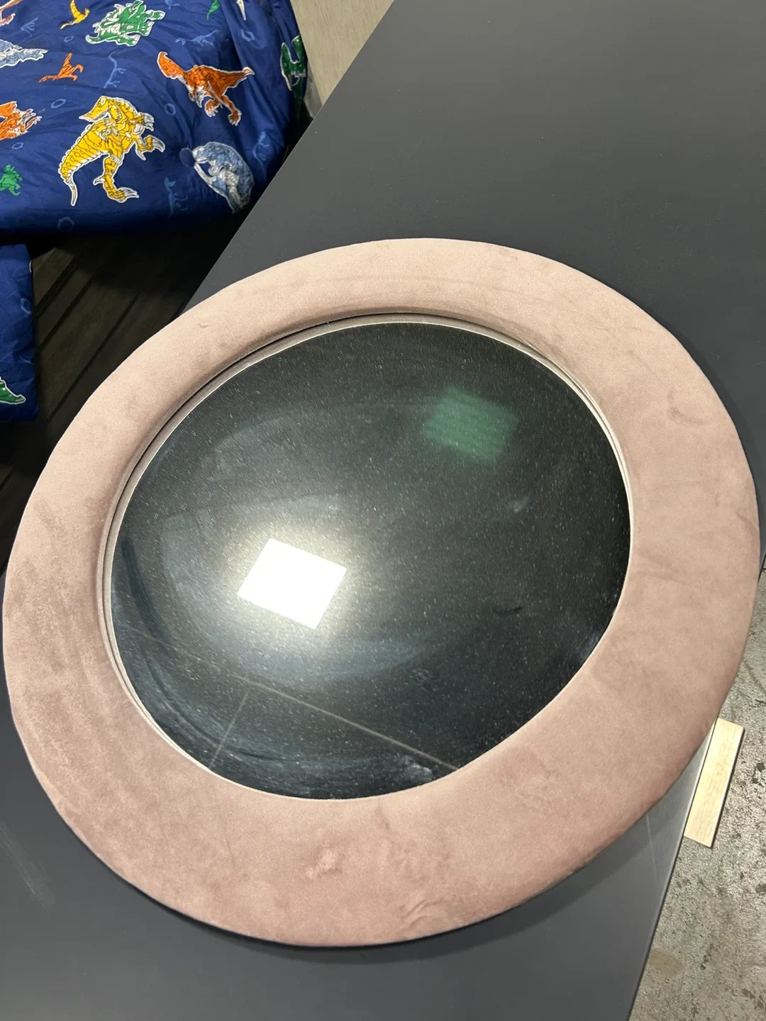 Round Mirror with Pink Suede Frame