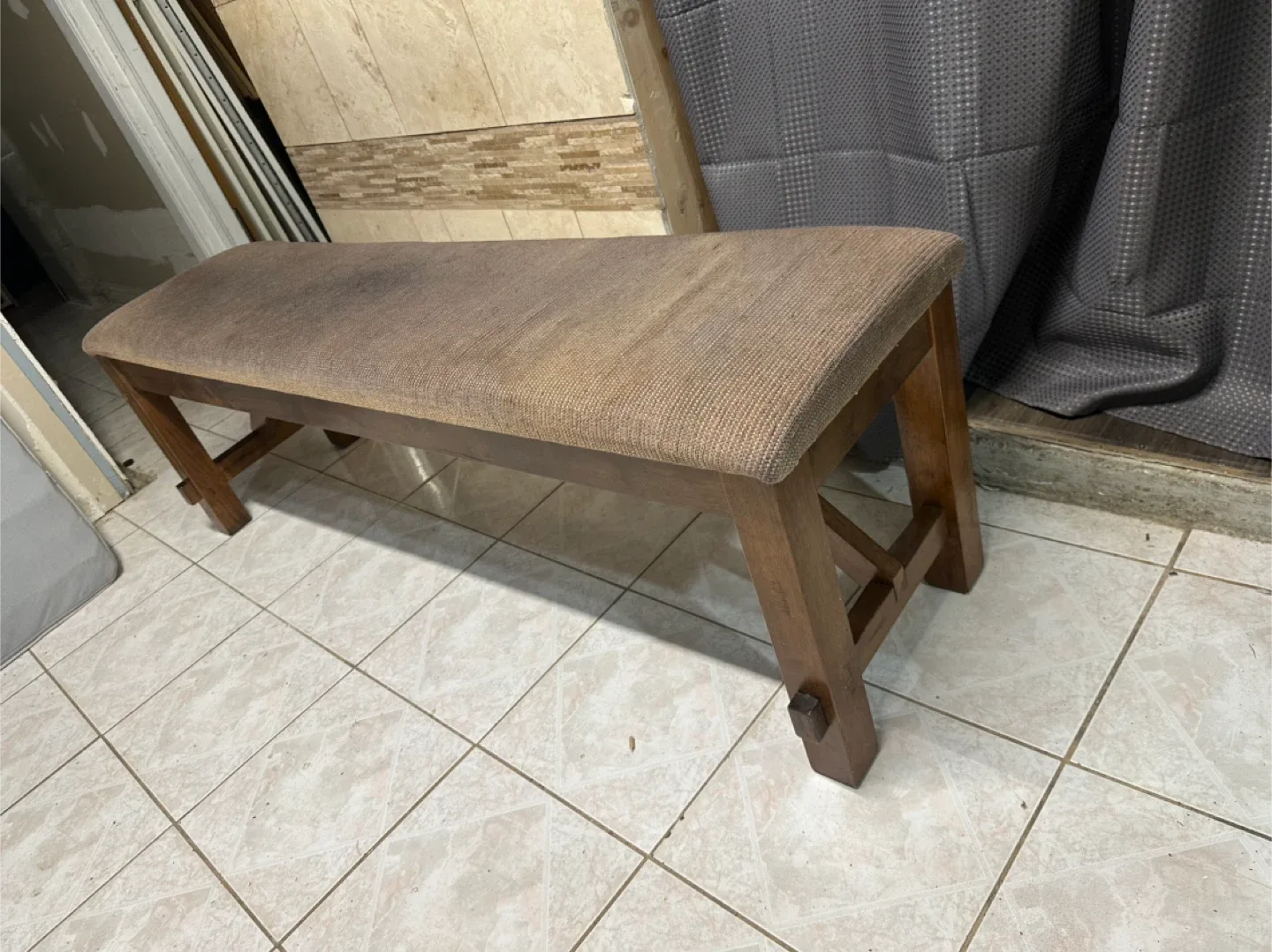 Wooden Bench with Brown Upholstery