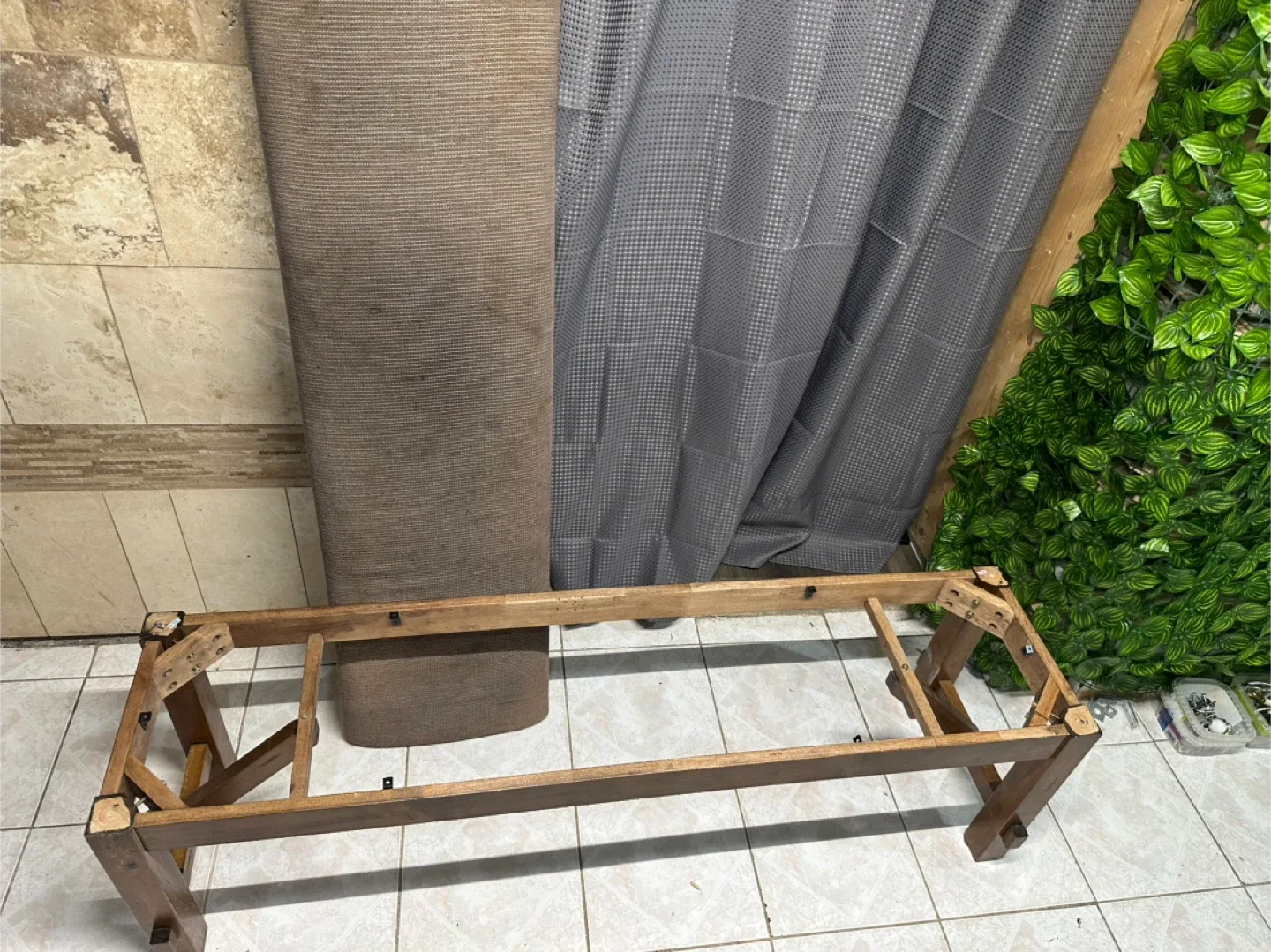 Wooden Bench with Brown Upholstery image indicator(2)