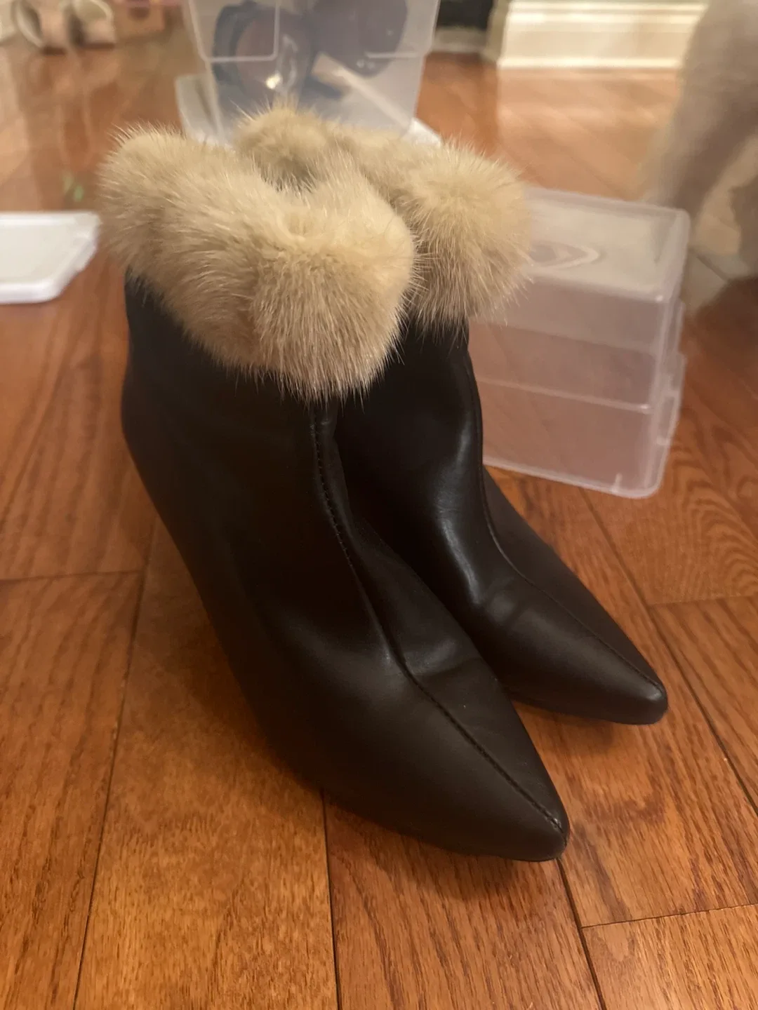 Black Leather Fur Trim Ankle Boots