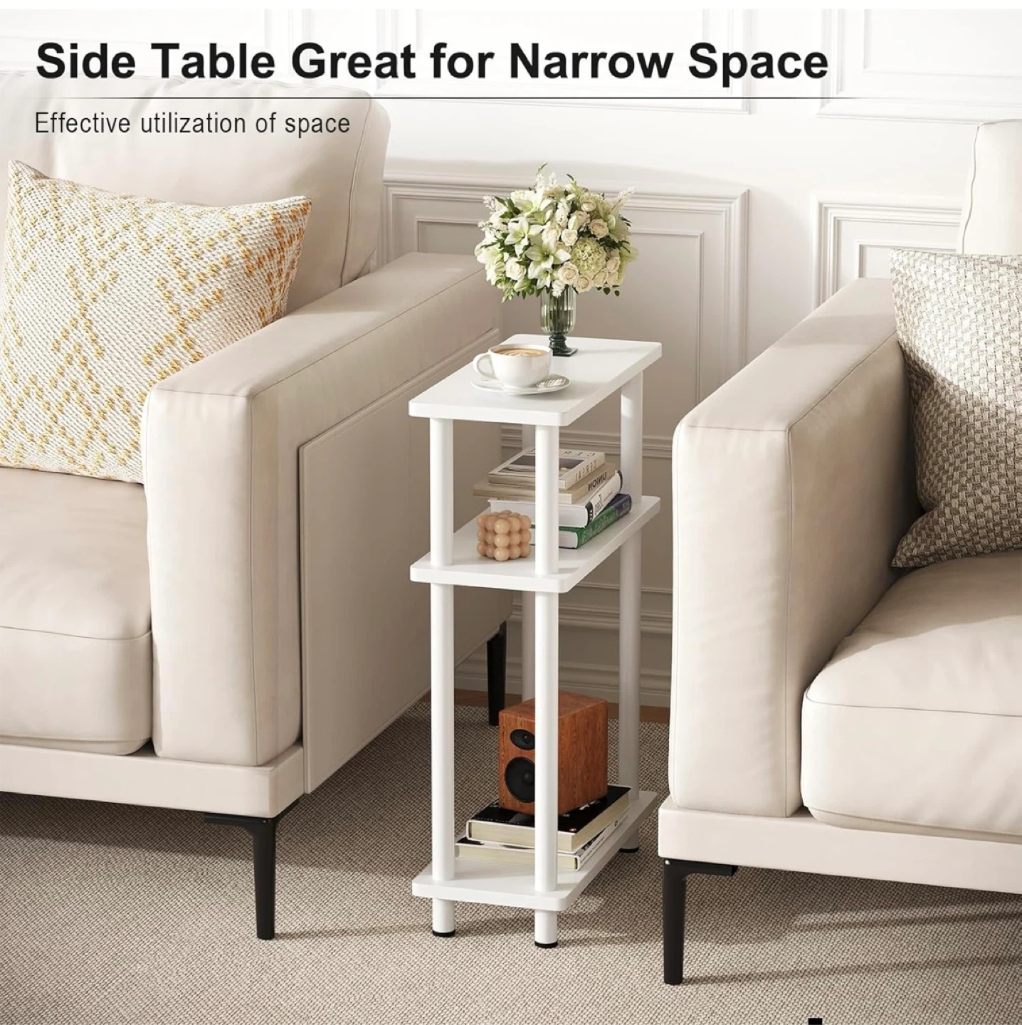 White Narrow Side Table with 3-Tier Storage - photo 5