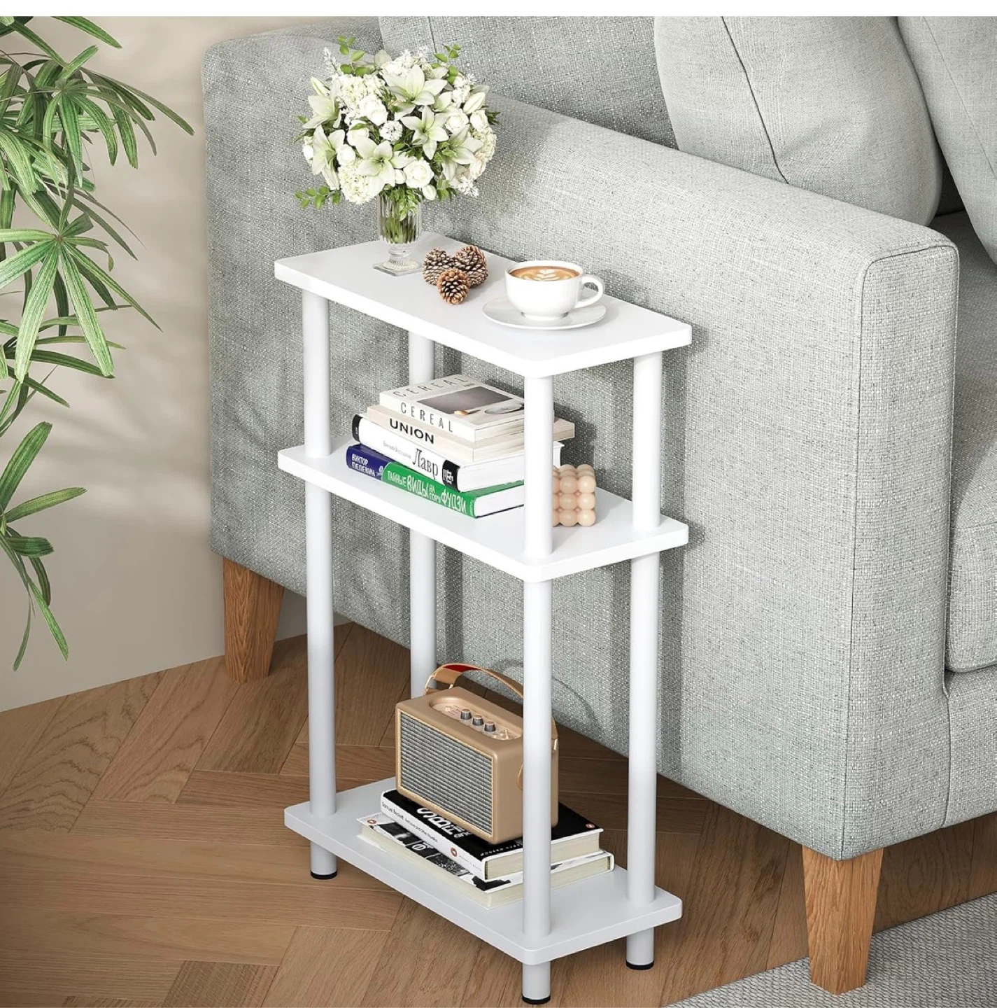 White Narrow Side Table with 3-Tier Storage