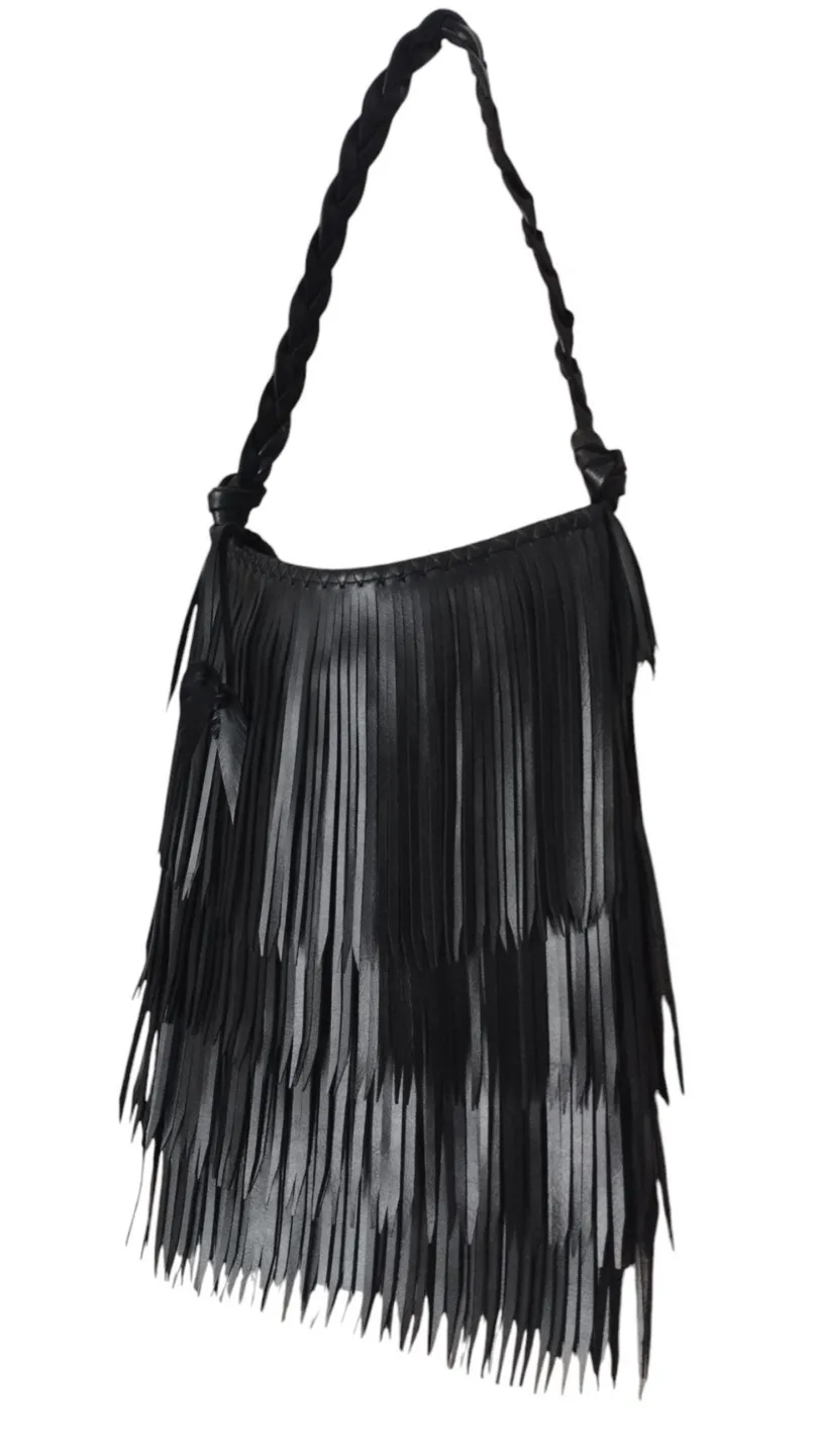 Black leather Fringe Shoulder Bag