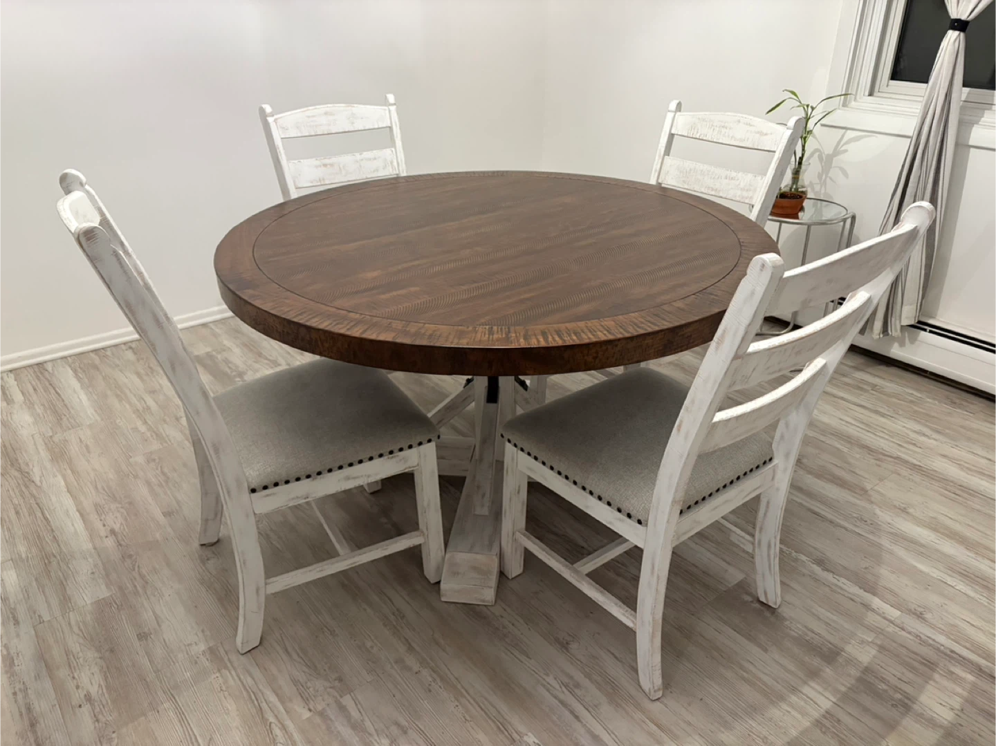 Round dining table and Set of 4 White Distressed Dining Chairs