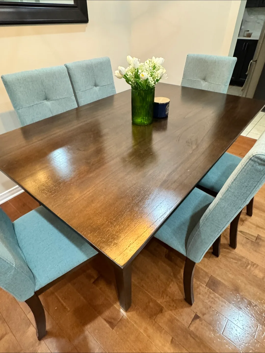 7 pc Walnutwood dining table set w fabric chairs - Blue image indicator(3)