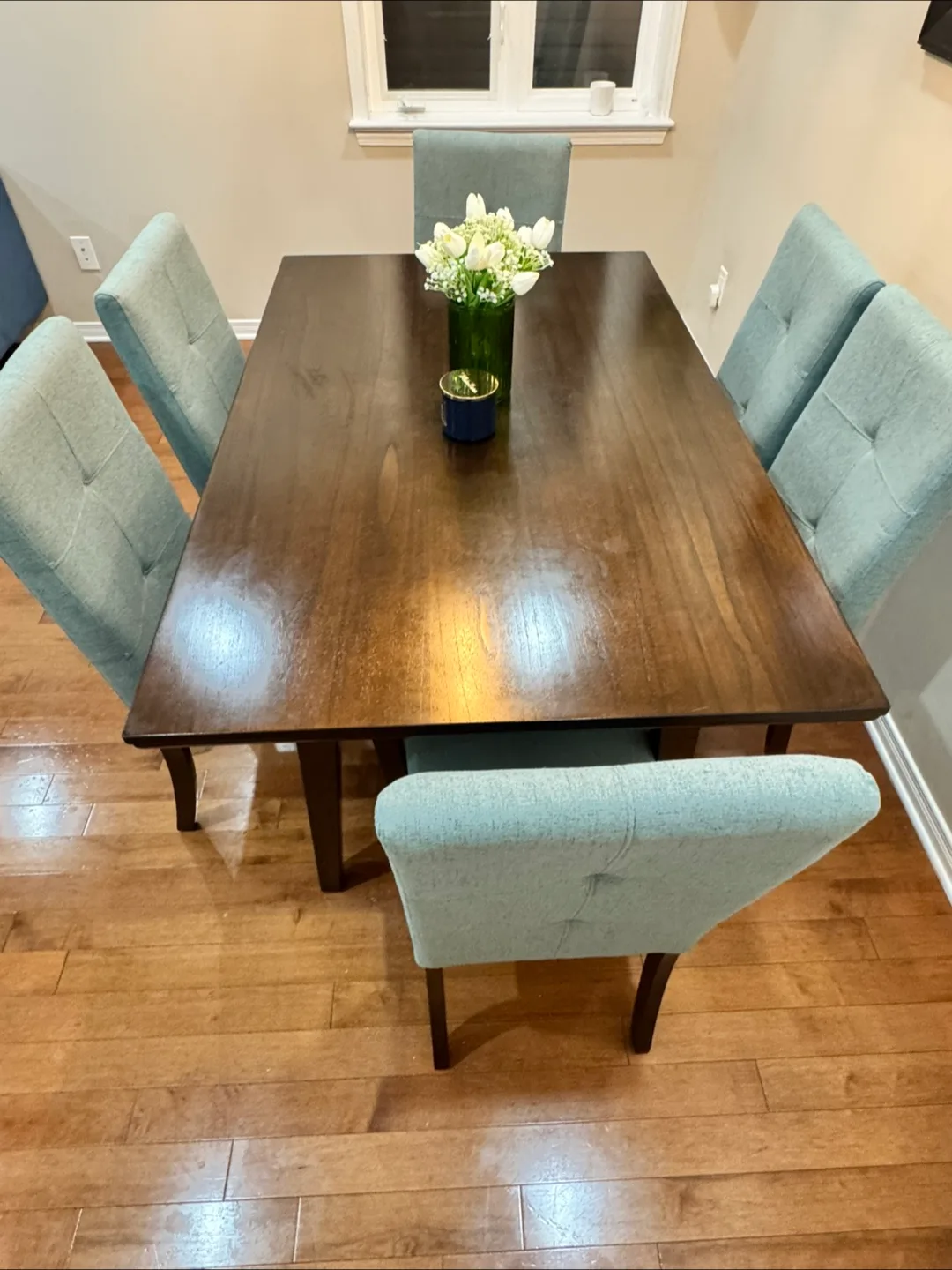 7 pc Walnutwood dining table set w fabric chairs - Blue image indicator(2)