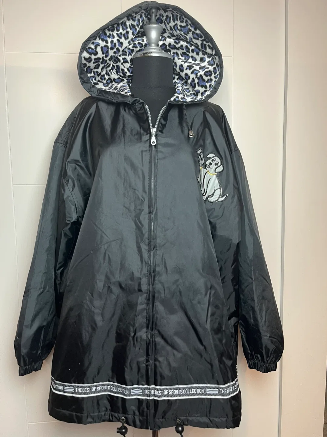 JIADELI Black Nylon Dog Print Hooded Jacket