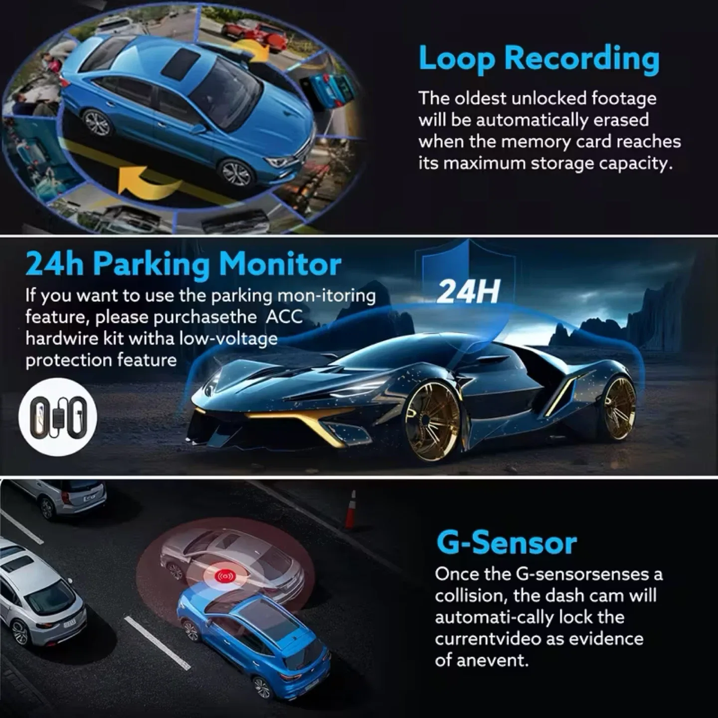 1080p dash cam 4 cameras motion det 64g memory card brand new image indicator(7)