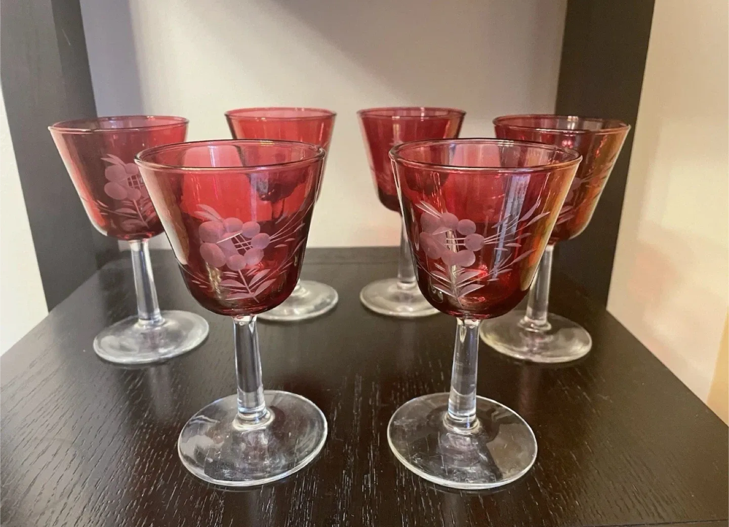 Vintage Ruby Red Etched Floral Wine Glasses (Set of 6) image indicator(4)
