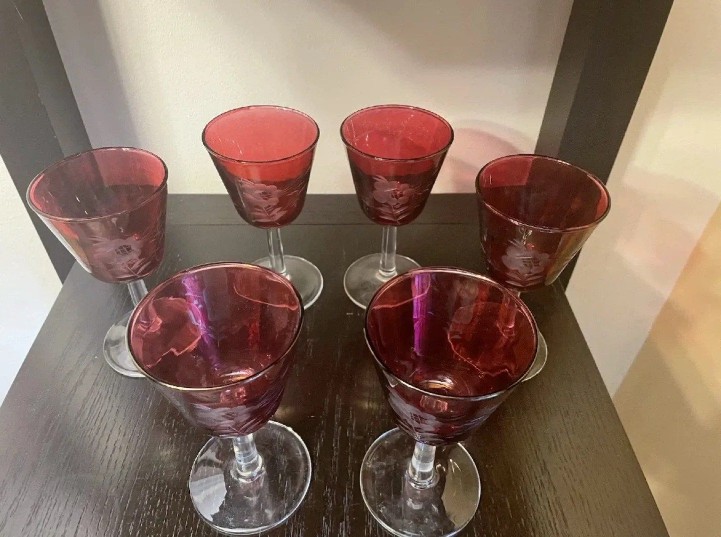 Vintage Ruby Red Etched Floral Wine Glasses (Set of 6) image indicator(2)
