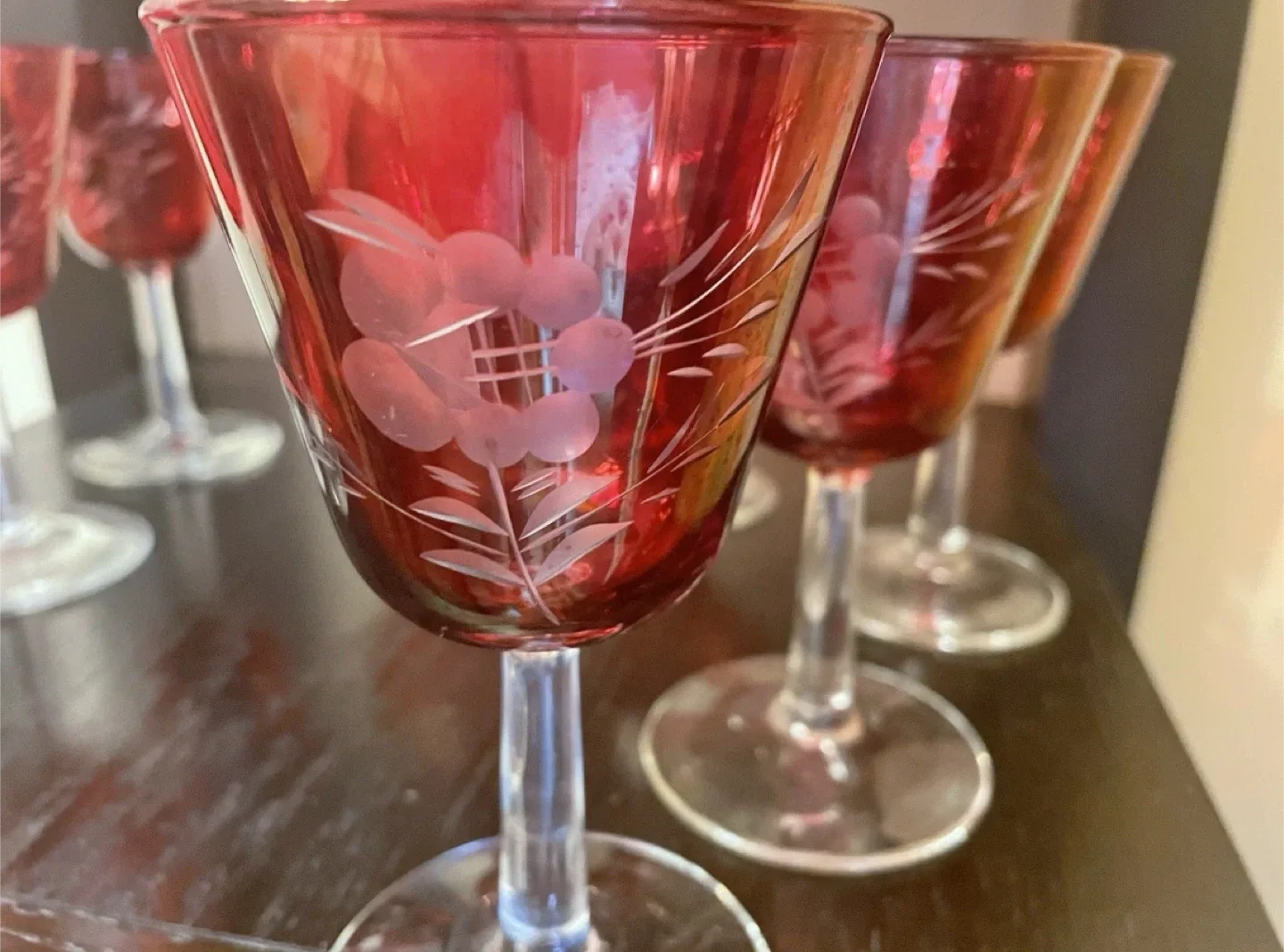 Vintage Ruby Red Etched Floral Wine Glasses (Set of 6) image indicator(3)