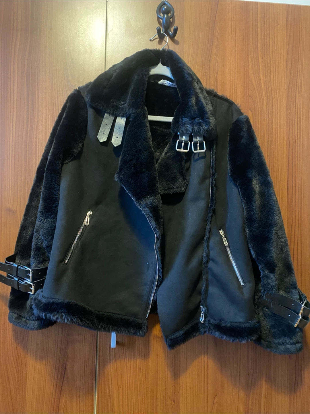 Black Faux Suede & Fur Aviator Jacket