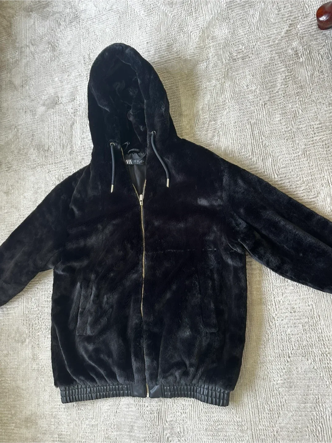 Zara Women's Black Faux Fur Hooded Jacket image indicator(2)